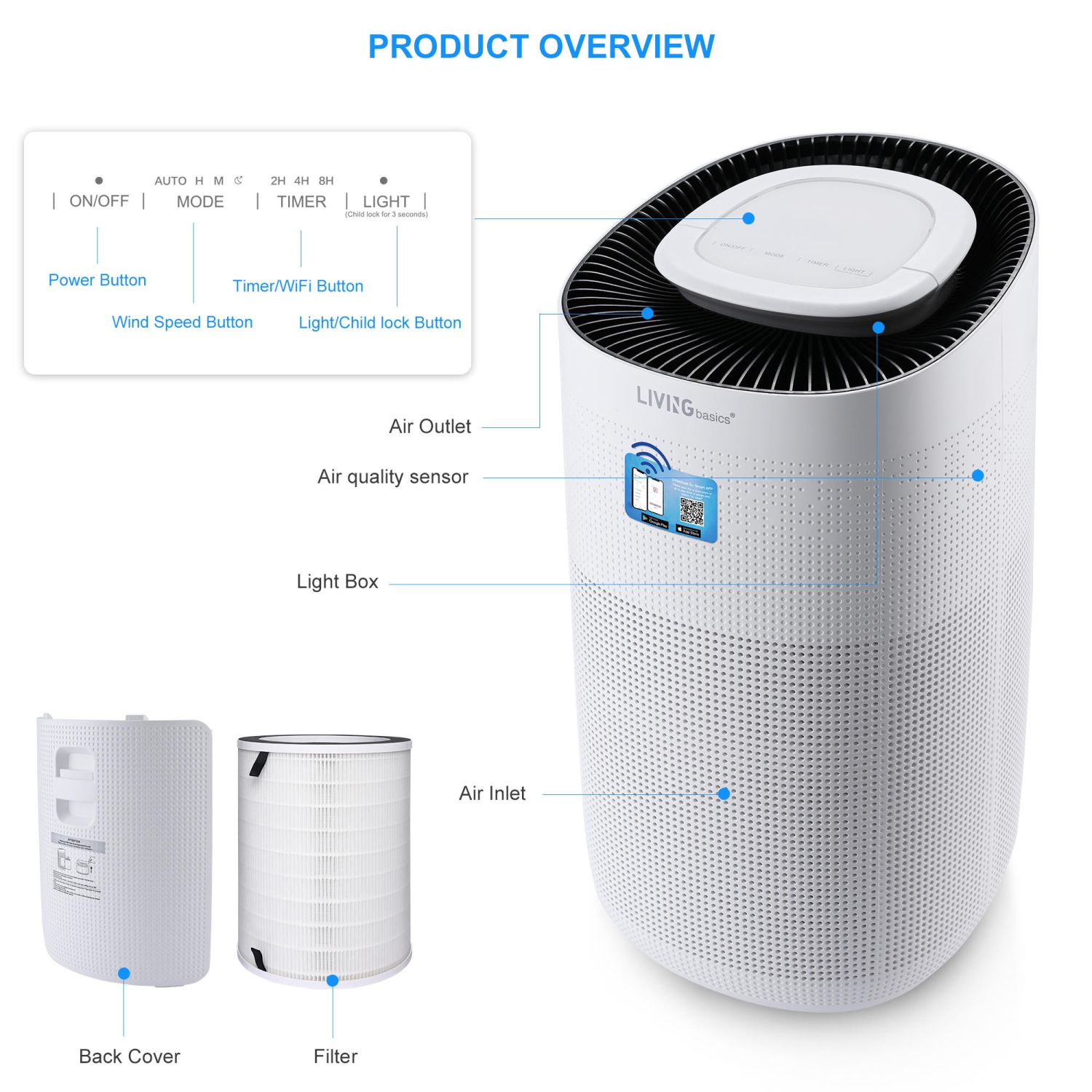 Purificateur d'air Wi-Fi intelligent pour la maison, couverture 2690 pi², filtre HEPA véritable H13 pour pollen d'odeurs de fumée