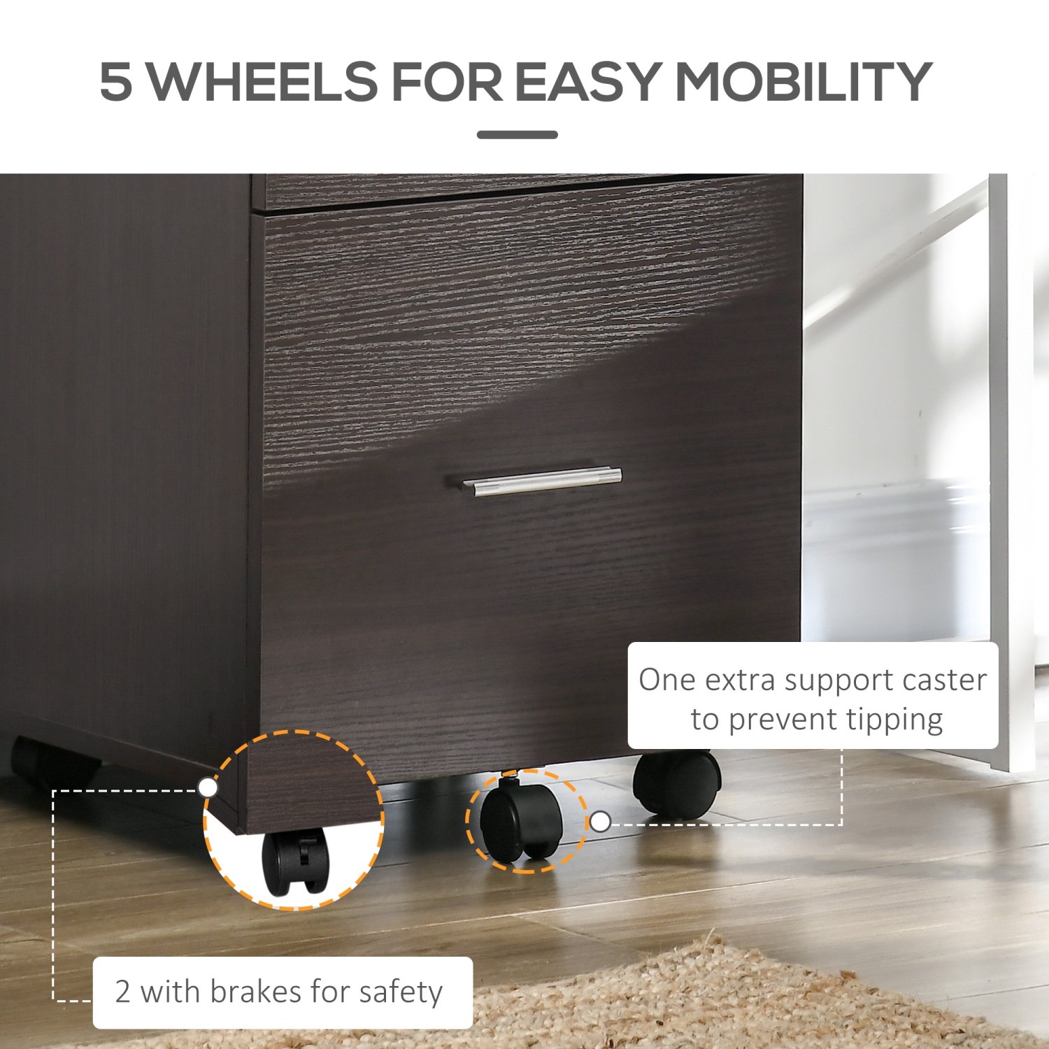 Vinsetto Vertical Filing Cabinet with Wheels, 2-Drawer Mobile File Cabinet, Office Storage Cabinet for Letter or A4 File, Study Home Office, Brown