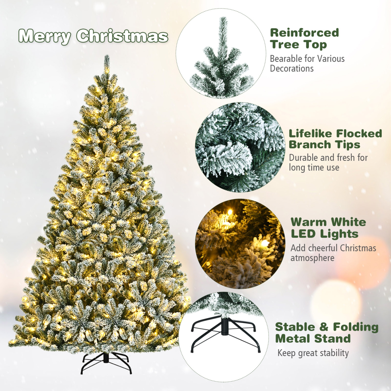 Topbuy 6FT Snow Flocked Artificial Christmas Hinged Tree Pre-lit Artificial Xmas Full Tree with 928 Branch Tips