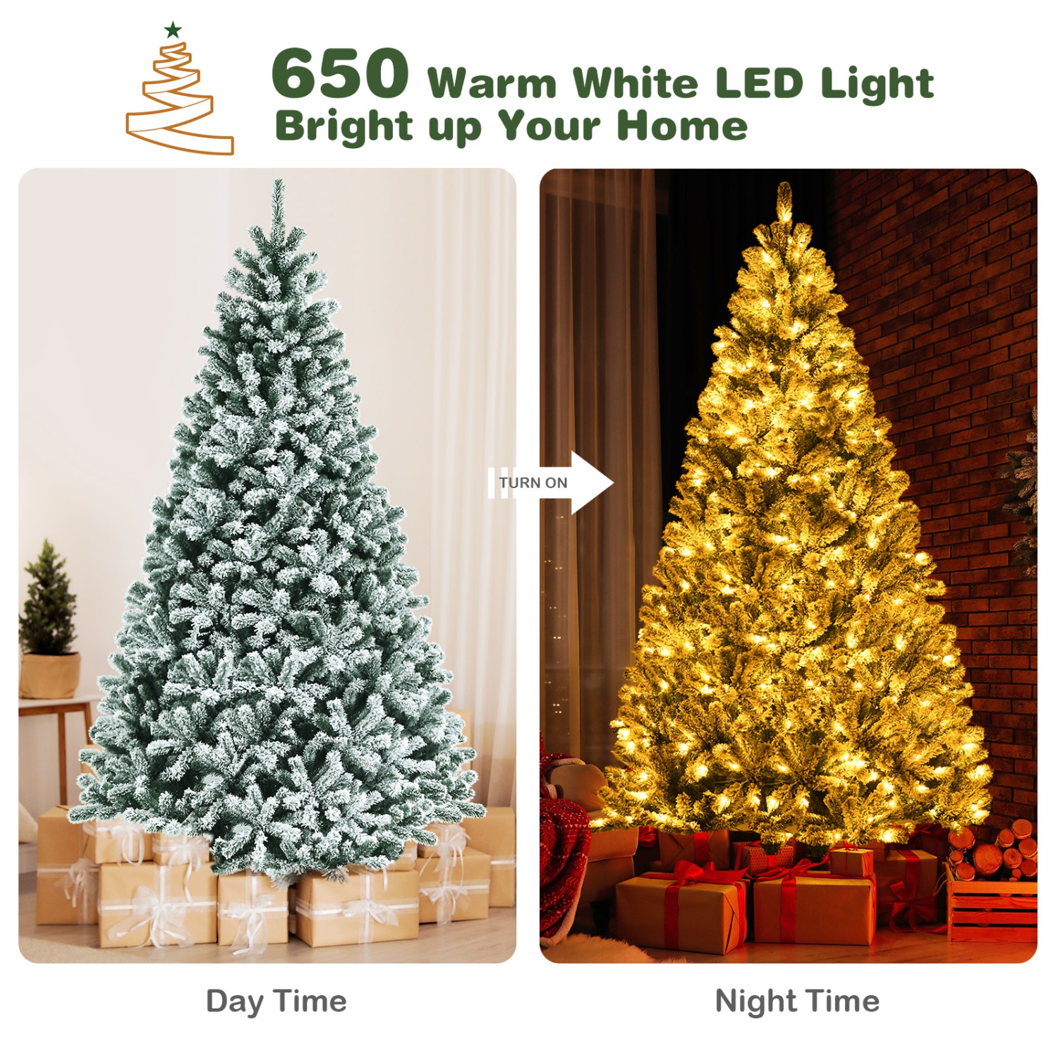 Topbuy 6FT Snow Flocked Artificial Christmas Hinged Tree Pre-lit Artificial Xmas Full Tree with 928 Branch Tips