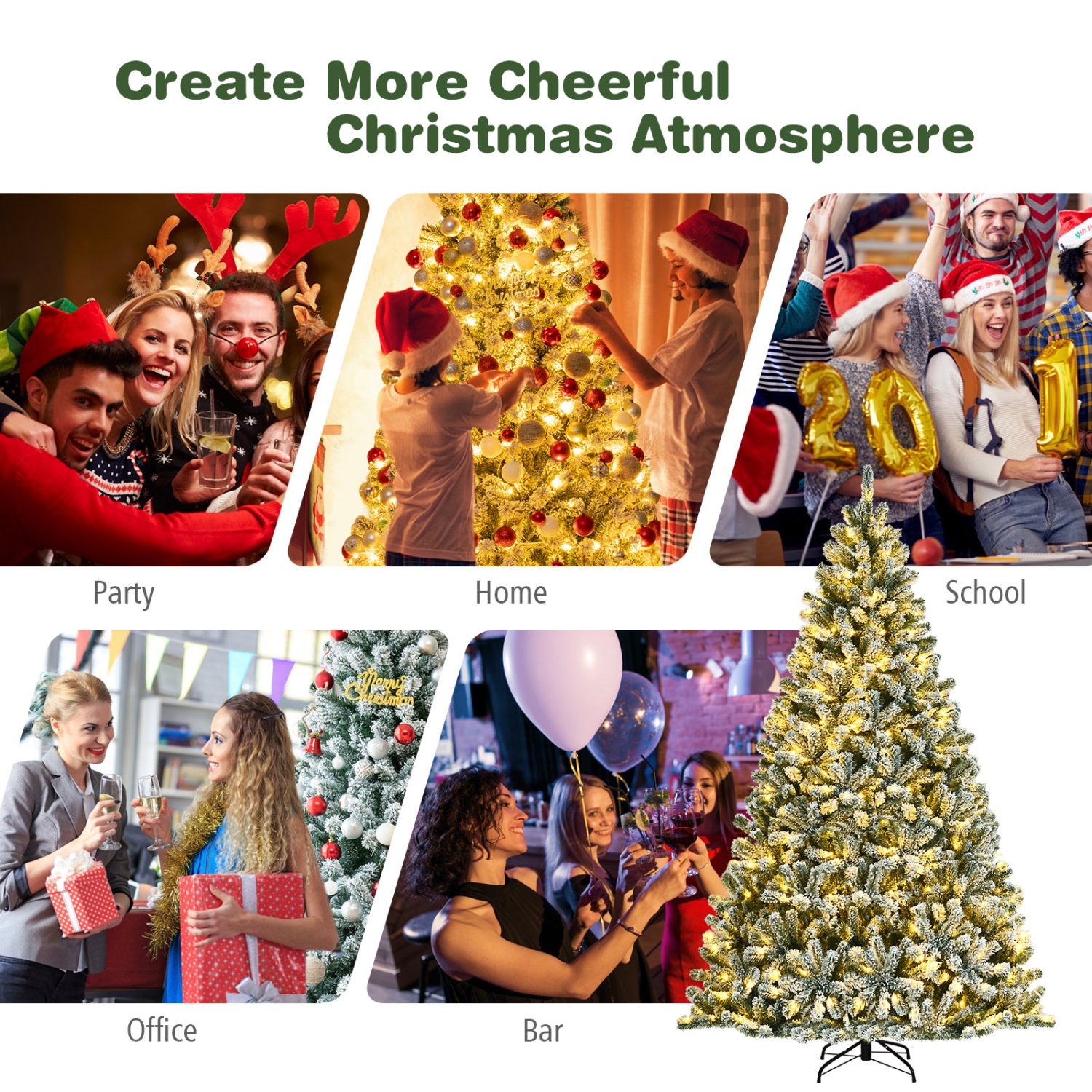 Topbuy 6FT Snow Flocked Artificial Christmas Hinged Tree Pre-lit Artificial Xmas Full Tree with 928 Branch Tips