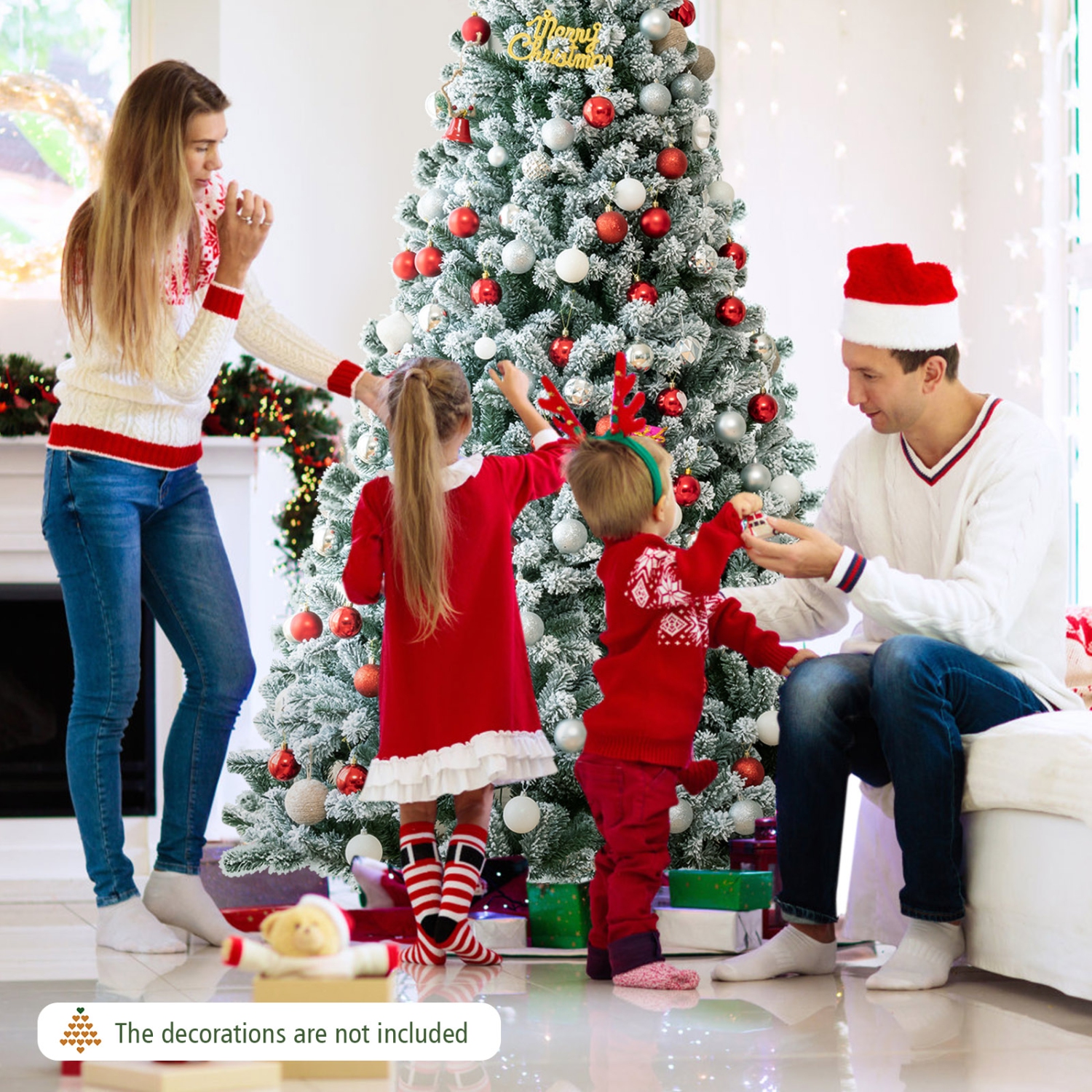 Topbuy 6FT Snow Flocked Artificial Christmas Hinged Tree Pre-lit Artificial Xmas Full Tree with 928 Branch Tips