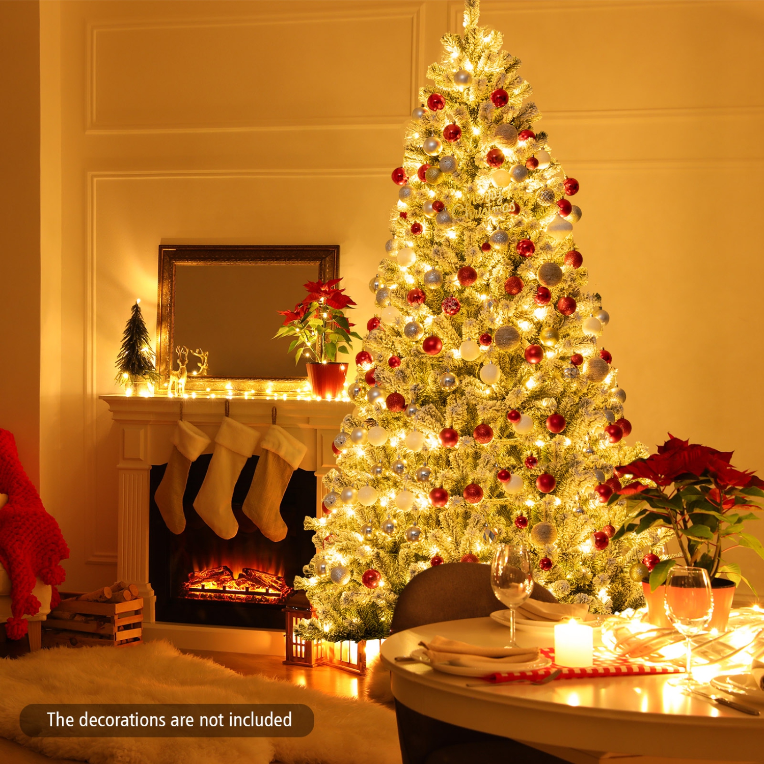 Topbuy 6FT Snow Flocked Artificial Christmas Hinged Tree Pre-lit Artificial Xmas Full Tree with 928 Branch Tips