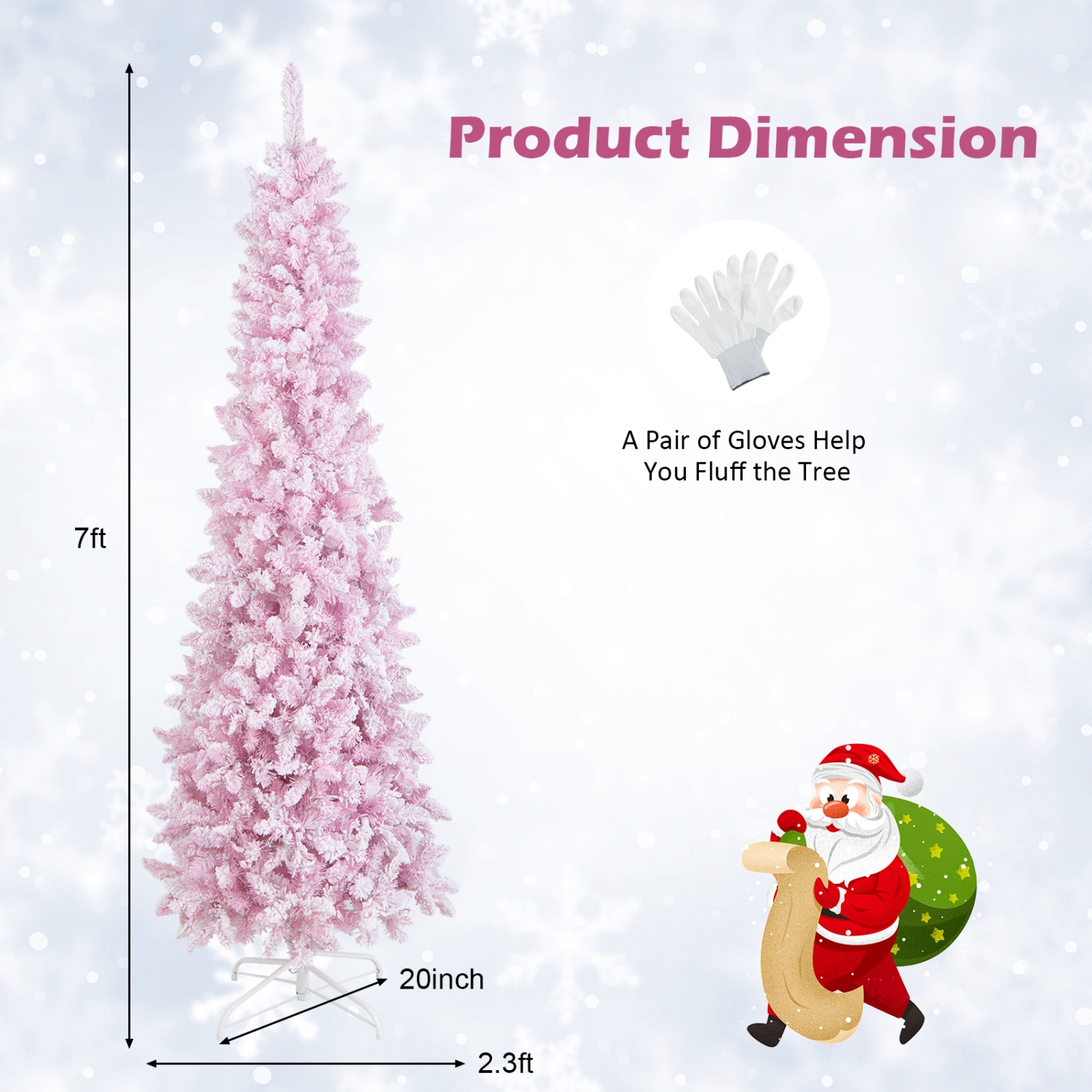 Topbuy 7FT Snow Flocked Christmas Tree, Pink Pencil Christmas Tree w/300 LED Lights & 8 Lighting Modes for Festival & Party Decoration