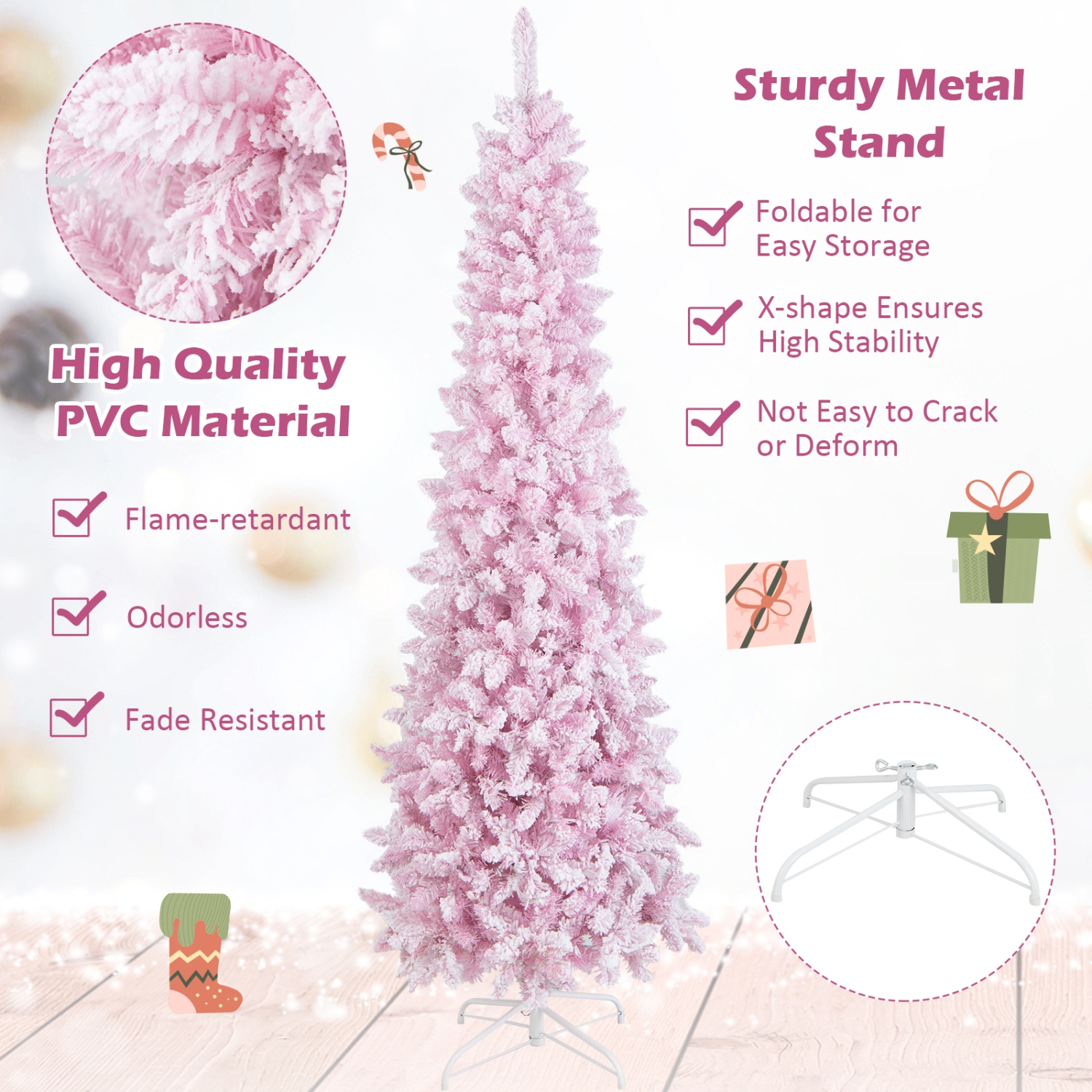 Topbuy 7FT Snow Flocked Christmas Tree, Pink Pencil Christmas Tree w/300 LED Lights & 8 Lighting Modes for Festival & Party Decoration