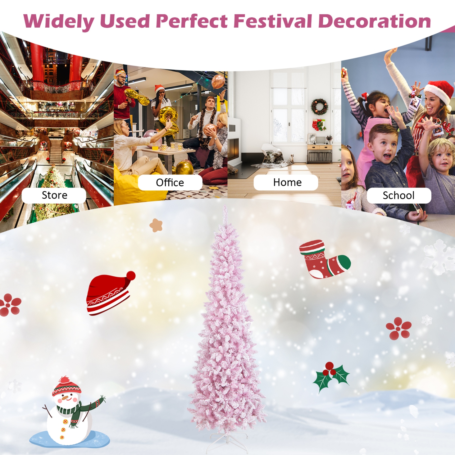Topbuy 7FT Snow Flocked Christmas Tree, Pink Pencil Christmas Tree w/300 LED Lights & 8 Lighting Modes for Festival & Party Decoration
