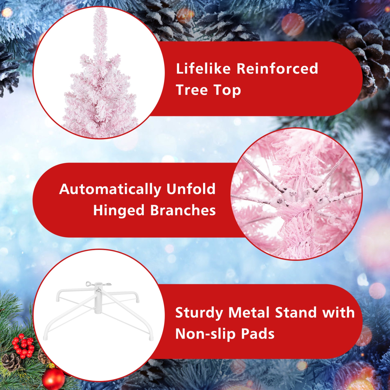 Topbuy 7.5FT Snow Flocked Pre-lit Christmas Tree, Artificial Snow Flocked Christmas Tree w/450 LED Lights for Festival & Party