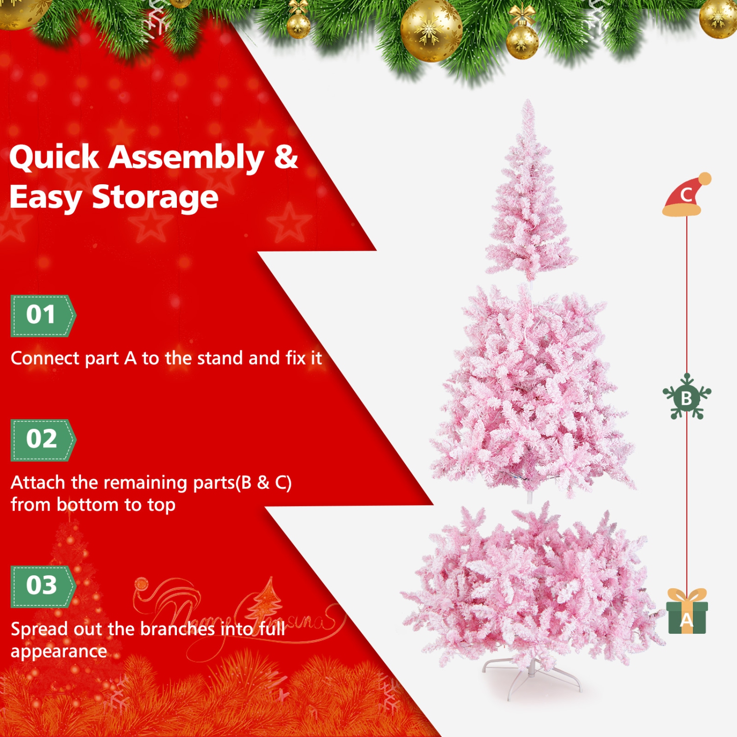 Topbuy 7.5FT Snow Flocked Pre-lit Christmas Tree, Artificial Snow Flocked Christmas Tree w/450 LED Lights for Festival & Party