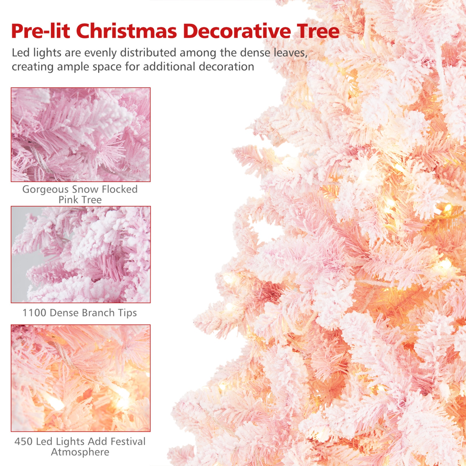 Topbuy 7.5FT Snow Flocked Pre-lit Christmas Tree, Artificial Snow Flocked Christmas Tree w/450 LED Lights for Festival & Party