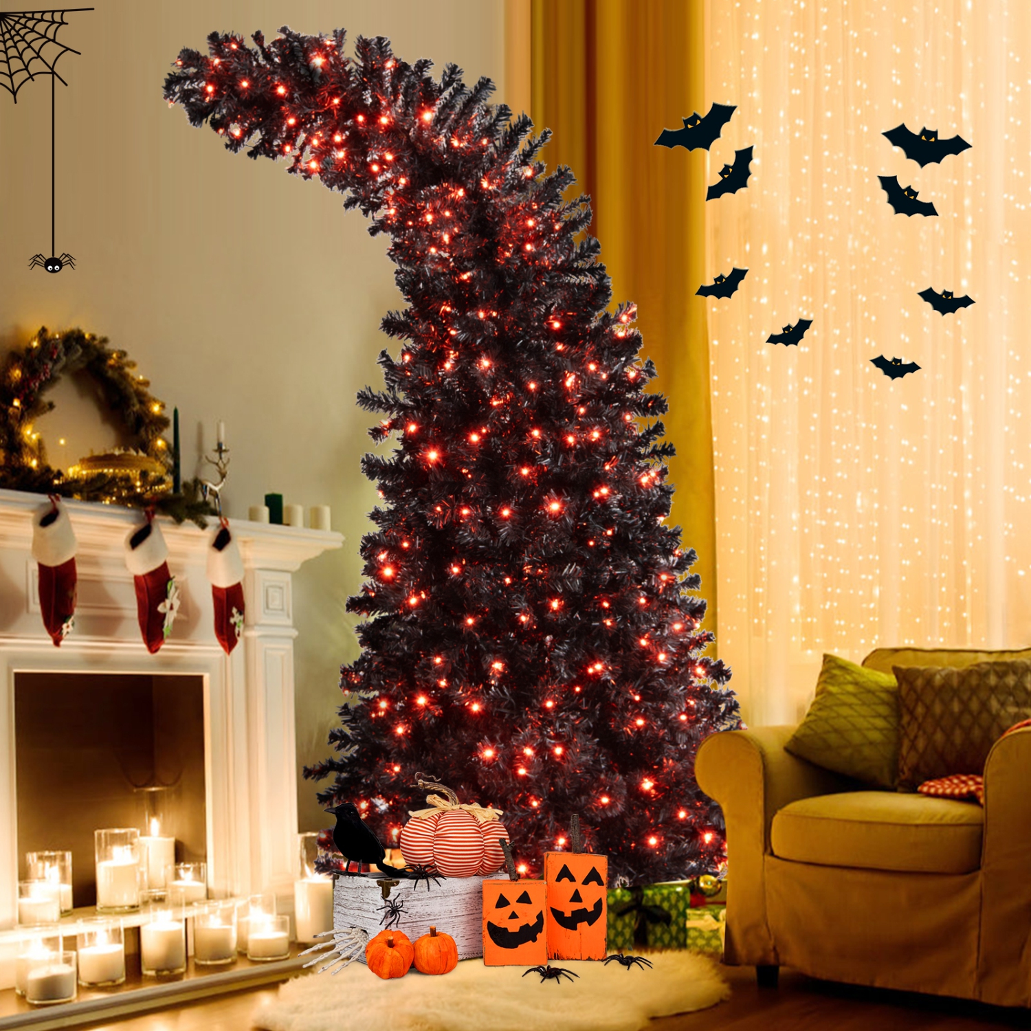 Topbuy 7FT Pre-lit Exotic Halloween Tree, Artificial Black Hinged Tree w/400 LED Lights & 8 Lighting Modes, Seasonal Holiday Tree for Halloween &
