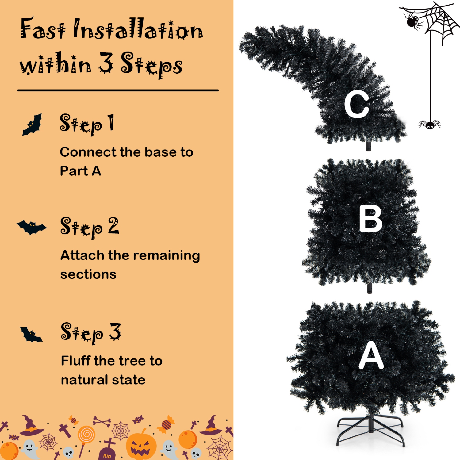 Topbuy 7FT Pre-lit Exotic Halloween Tree, Artificial Black Hinged Tree w/400 LED Lights & 8 Lighting Modes, Seasonal Holiday Tree for Halloween &