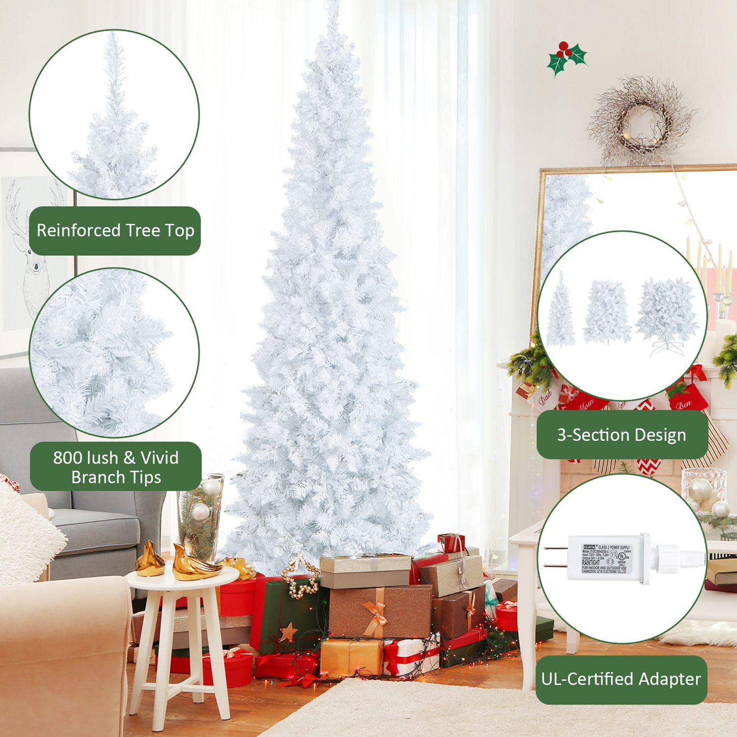 Topbuy 7 FT Pencil Pre-lit Christmas Tree, White Artificial Christmas Tree w/300 LED Lights & 8 Lighting Modes for Festival Decoration