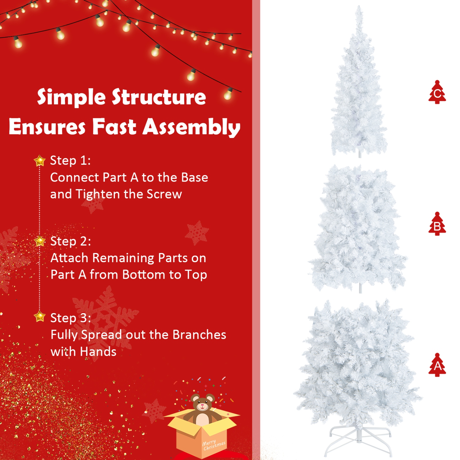 Topbuy 7 FT Pencil Pre-lit Christmas Tree, White Artificial Christmas Tree w/300 LED Lights & 8 Lighting Modes for Festival Decoration