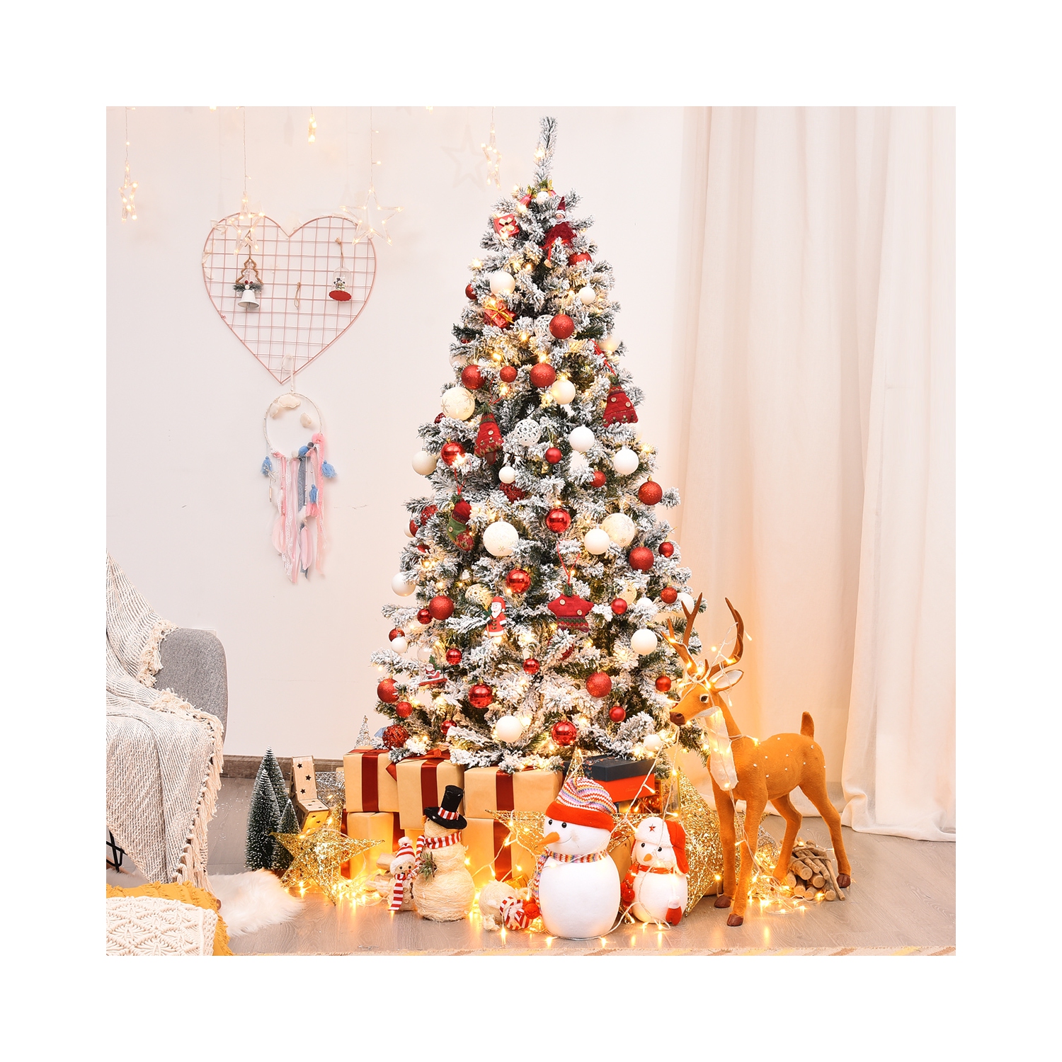 Topbuy 6 FT/7.5 FT/9 FT Snow Flocked Christmas Tree Hinged Pine Tree with Solid Metal Stand