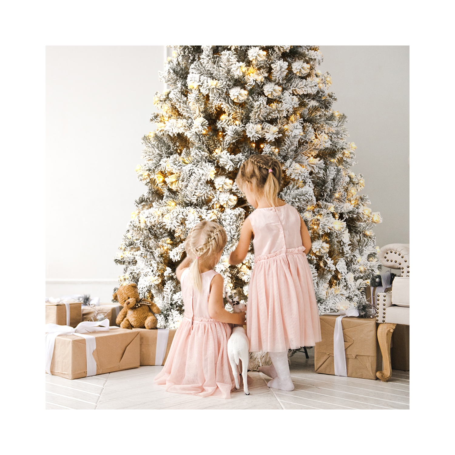 Topbuy 6 FT/7.5 FT/9 FT Snow Flocked Christmas Tree Hinged Pine Tree with Solid Metal Stand