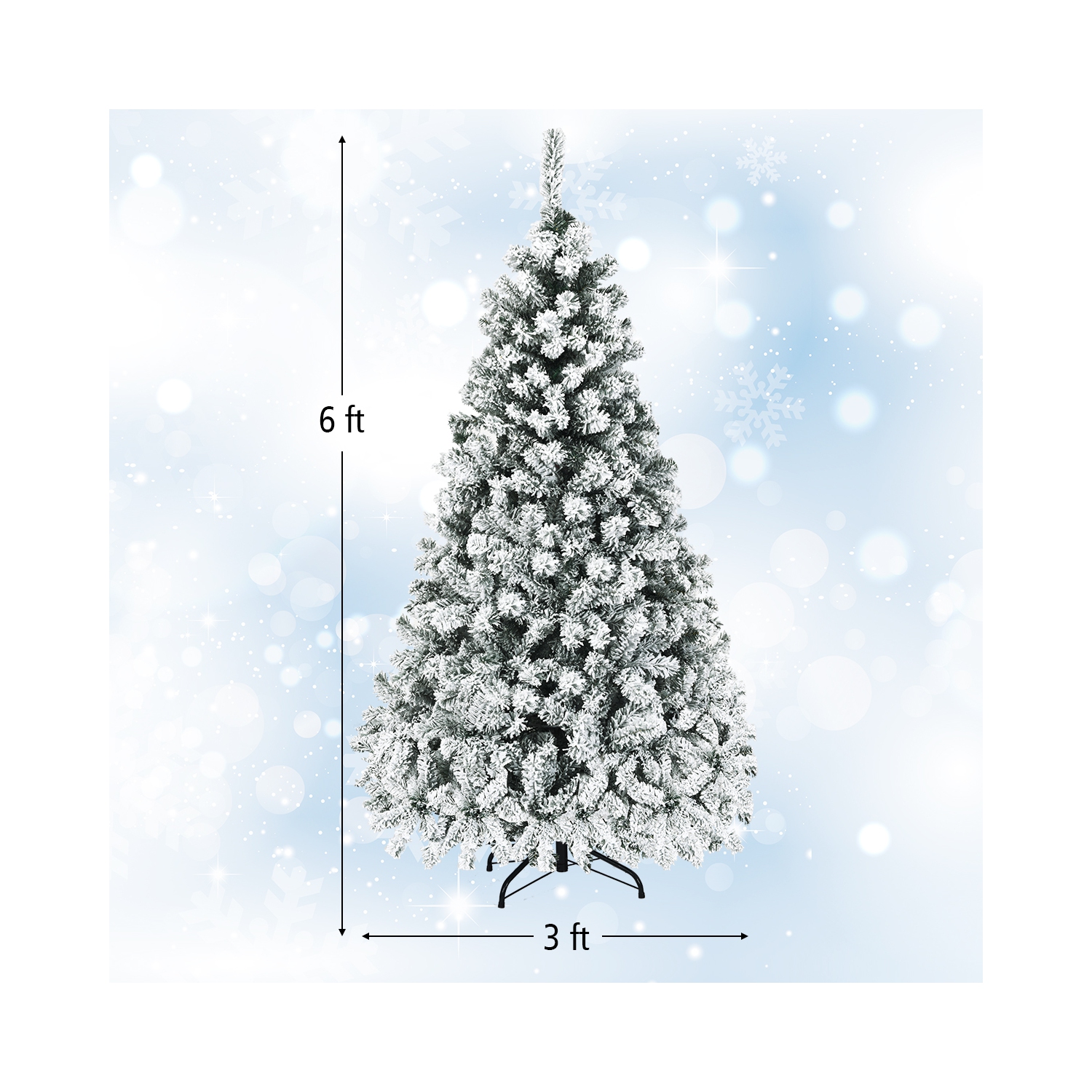 Topbuy 6 FT/7.5 FT/9 FT Snow Flocked Christmas Tree Hinged Pine Tree with Solid Metal Stand
