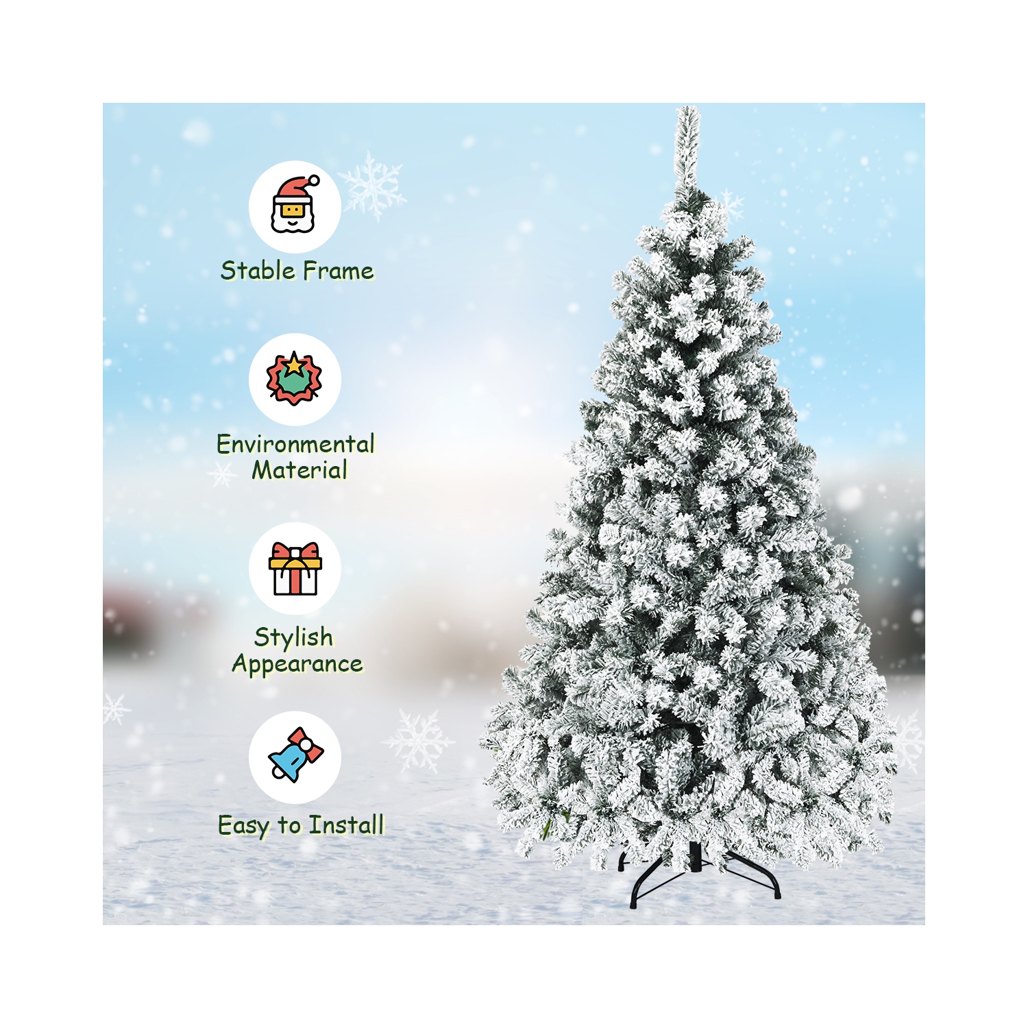 Topbuy 6 FT/7.5 FT/9 FT Snow Flocked Christmas Tree Hinged Pine Tree with Solid Metal Stand