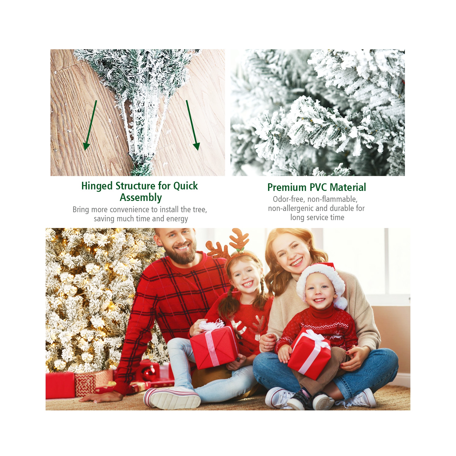 Topbuy 6 FT/7.5 FT/9 FT Snow Flocked Christmas Tree Hinged Pine Tree with Solid Metal Stand