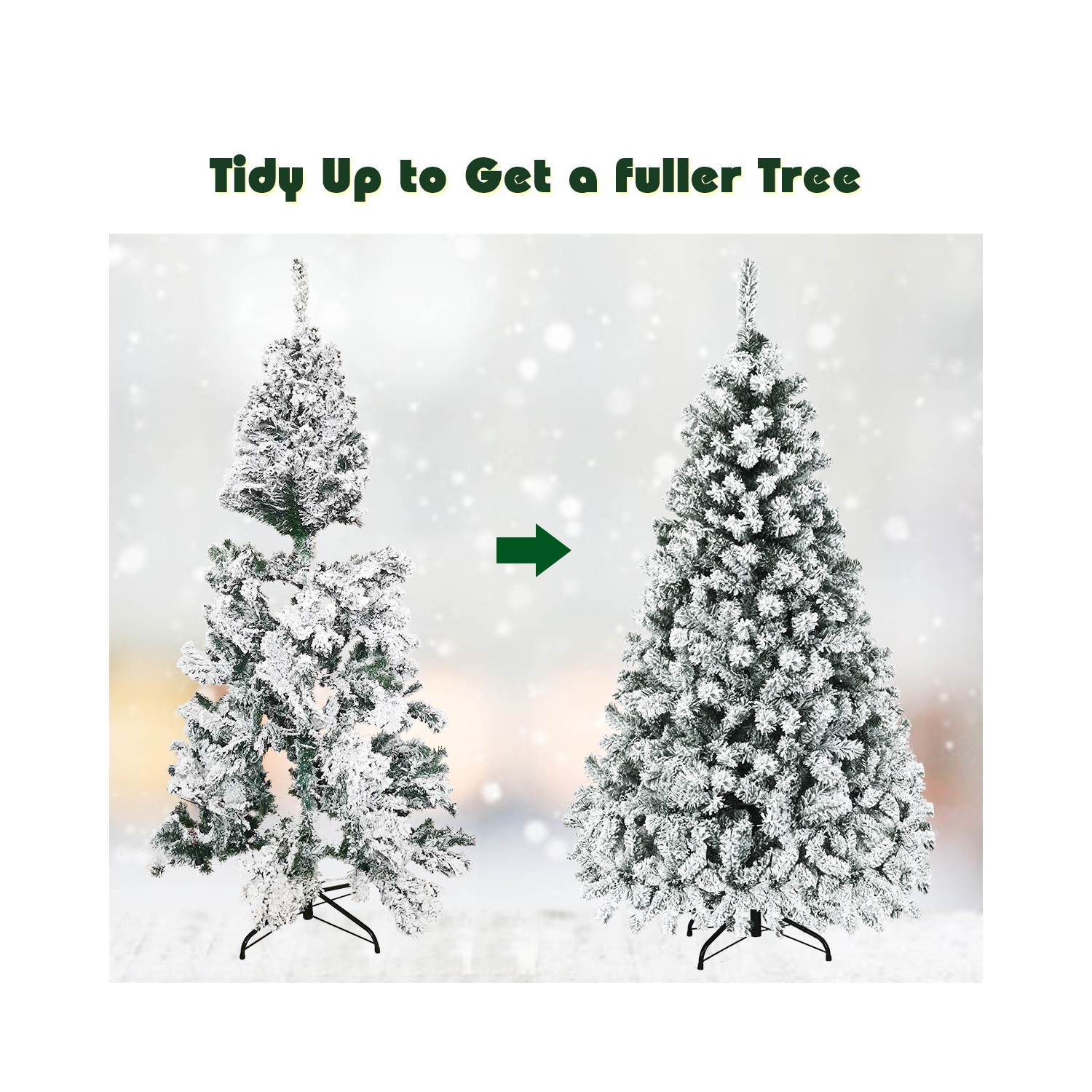 Topbuy 6 FT/7.5 FT/9 FT Snow Flocked Christmas Tree Hinged Pine Tree with Solid Metal Stand