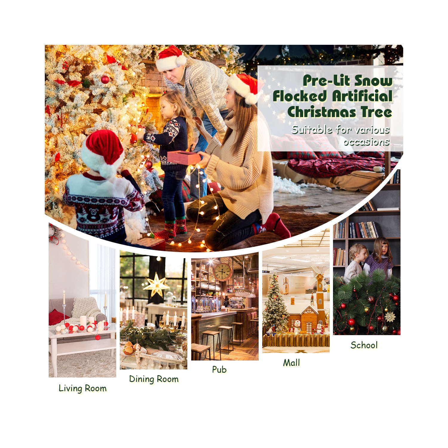 Topbuy 6 FT/7.5 FT/9 FT Snow Flocked Christmas Tree Hinged Pine Tree with Solid Metal Stand