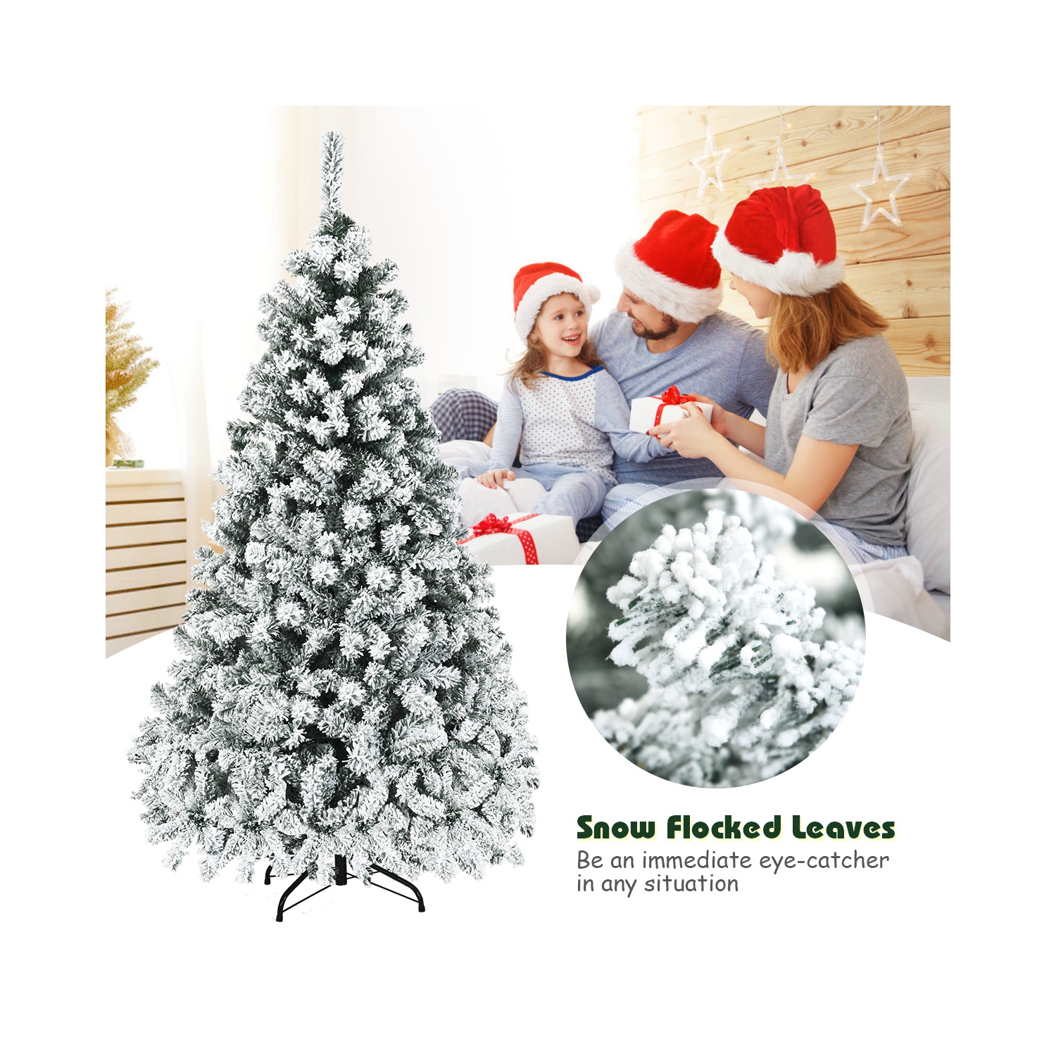 Topbuy 6 FT/7.5 FT/9 FT Snow Flocked Christmas Tree Hinged Pine Tree with Solid Metal Stand