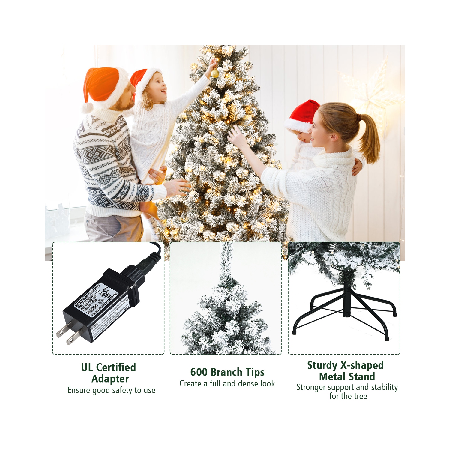 Topbuy 6 FT/7.5 FT/9 FT Snow Flocked Christmas Tree Hinged Pine Tree with Solid Metal Stand