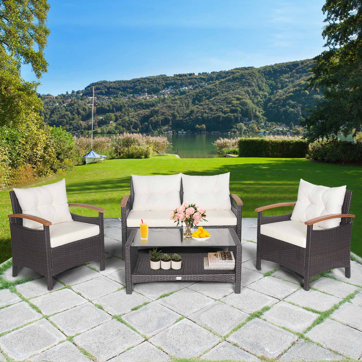 Ensemble patio rotin 4 pièces chaises rembourrées table d’appoint bistro Ensemble bistro Classic Furniture 1 causeuse coussin épais pour jardin Off