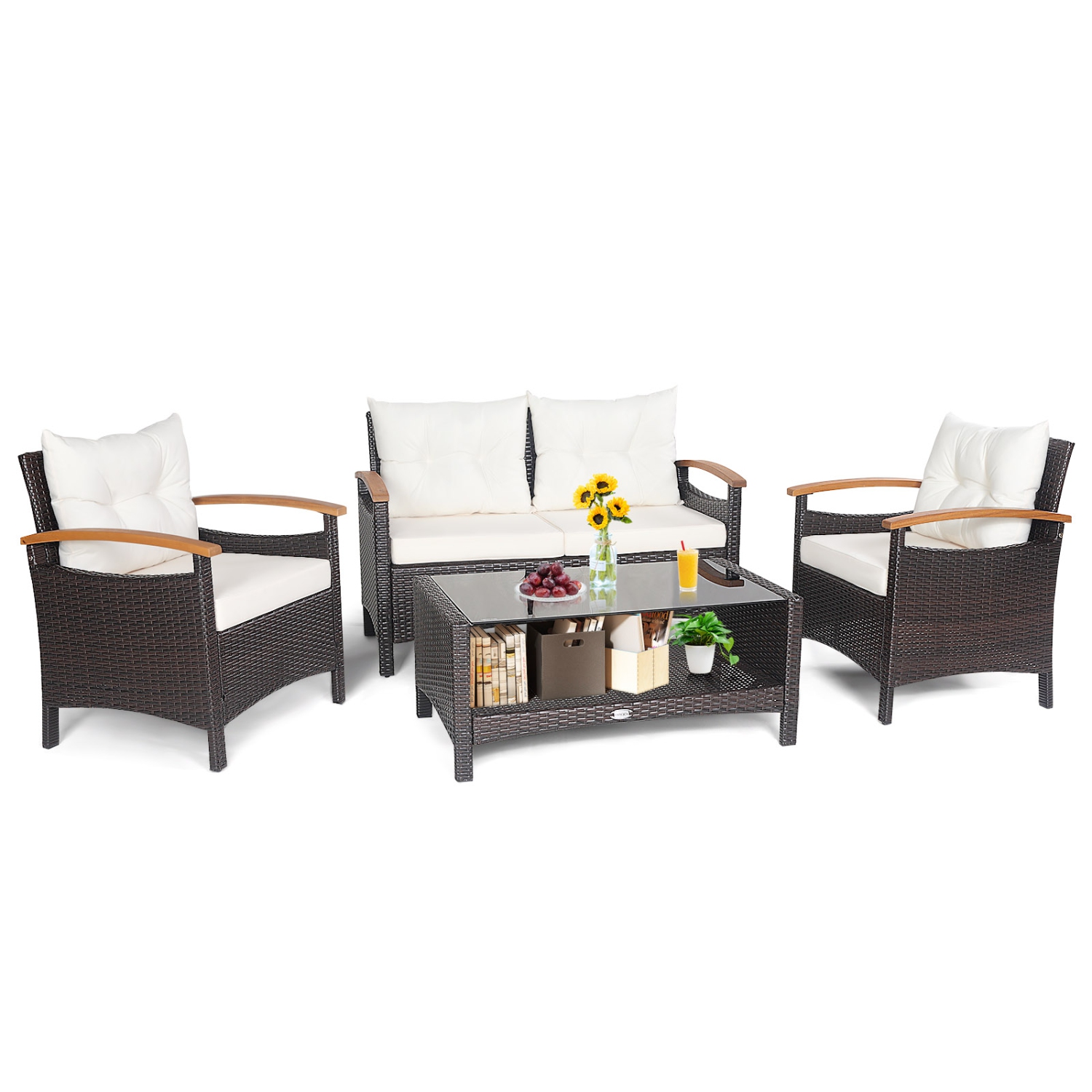Ensemble patio rotin 4 pièces chaises rembourrées table d’appoint bistro Ensemble bistro Classic Furniture 1 causeuse coussin épais pour jardin Off