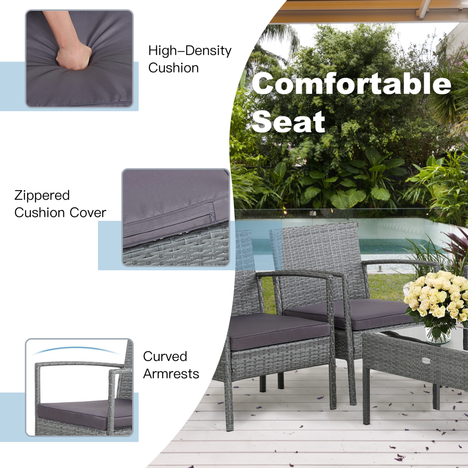 Patiojoy Patio Rattan 4PCS/8PCS Cushioned Chair Side Table Classic Furniture Set Bistro Set Single Sofa Thick Cushion Loveseat for Garden Grey