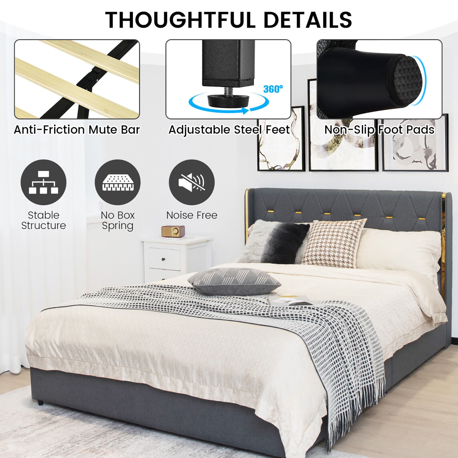 Gymax Full/Queen Upholstered Bed Frame with 4 Storage Drawers Headboard