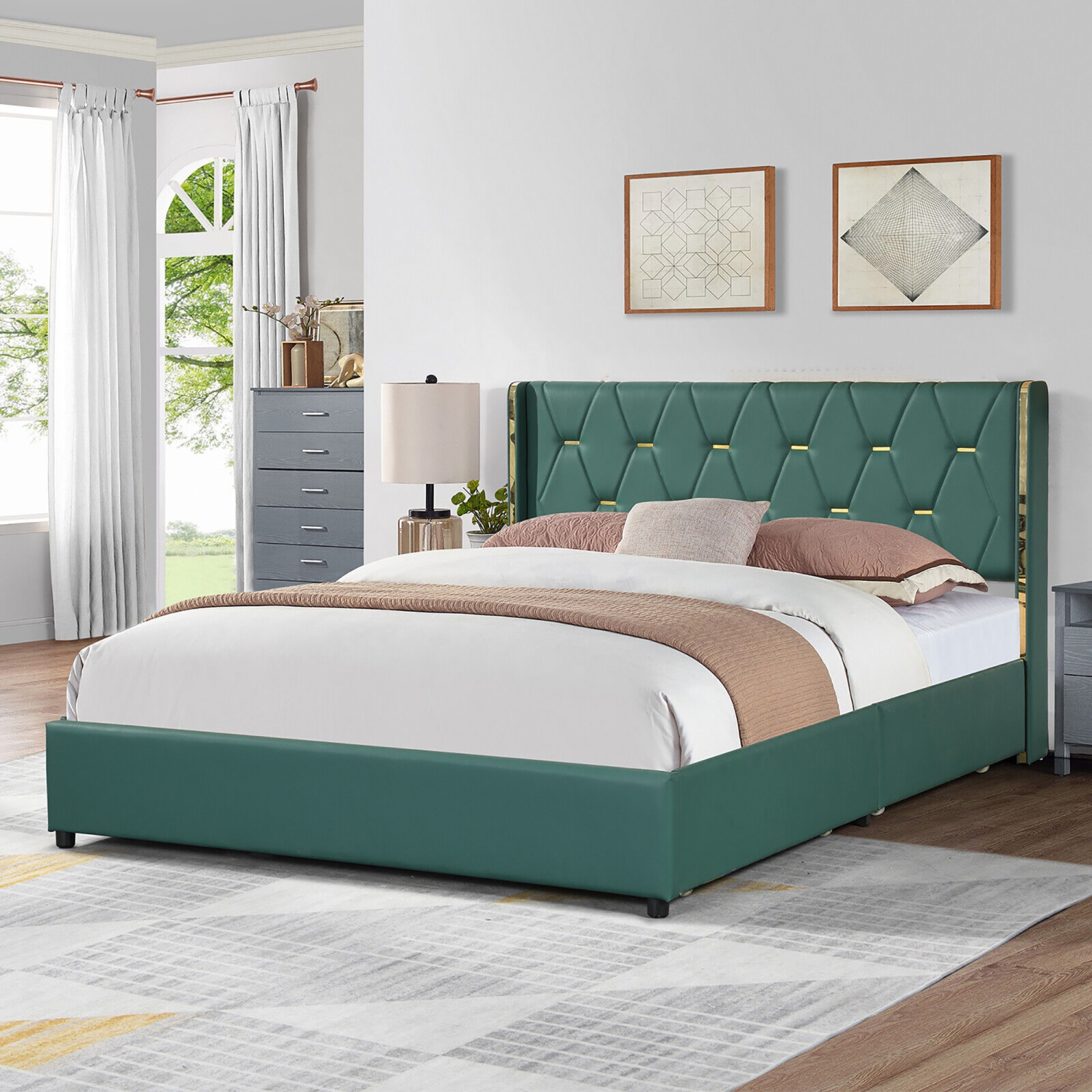 Gymax Full/Queen Upholstered Bed Frame with 4 Storage Drawers Headboard