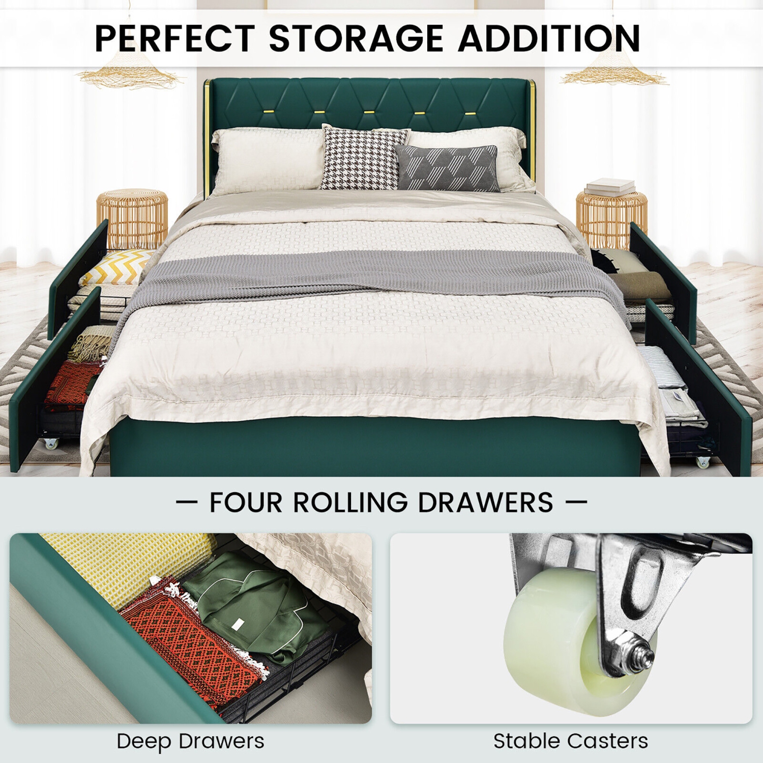 Gymax Full/Queen Upholstered Bed Frame with 4 Storage Drawers Headboard
