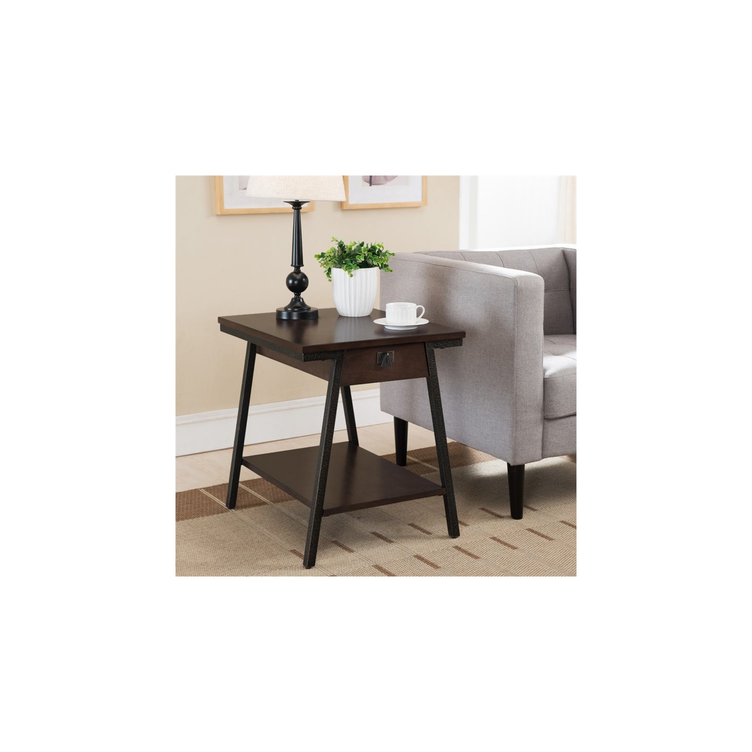Leick Empiria Single Wood Drawer End Table in Walnut and Foundry Bronze Brown
