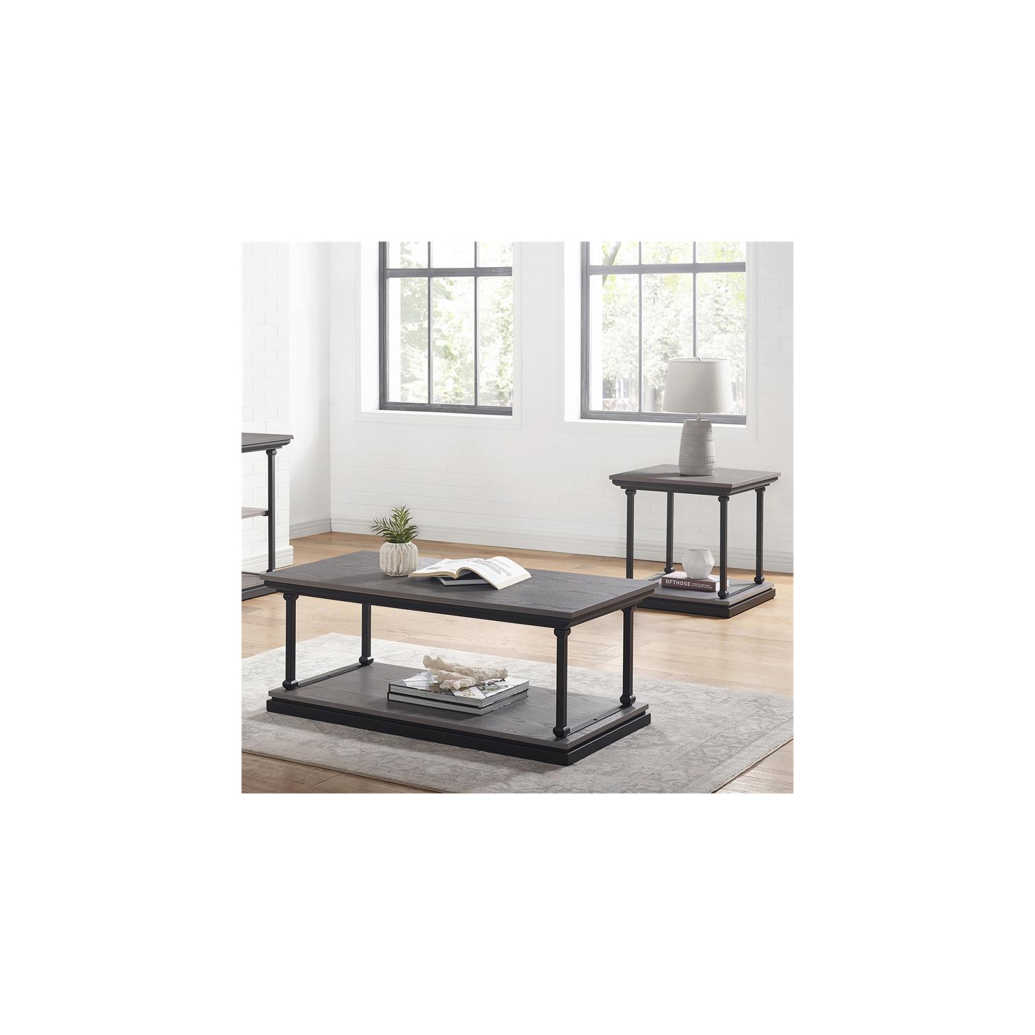 Bowery Hill Wood 2-Piece Coffee Table Set in Antique Gray Finish