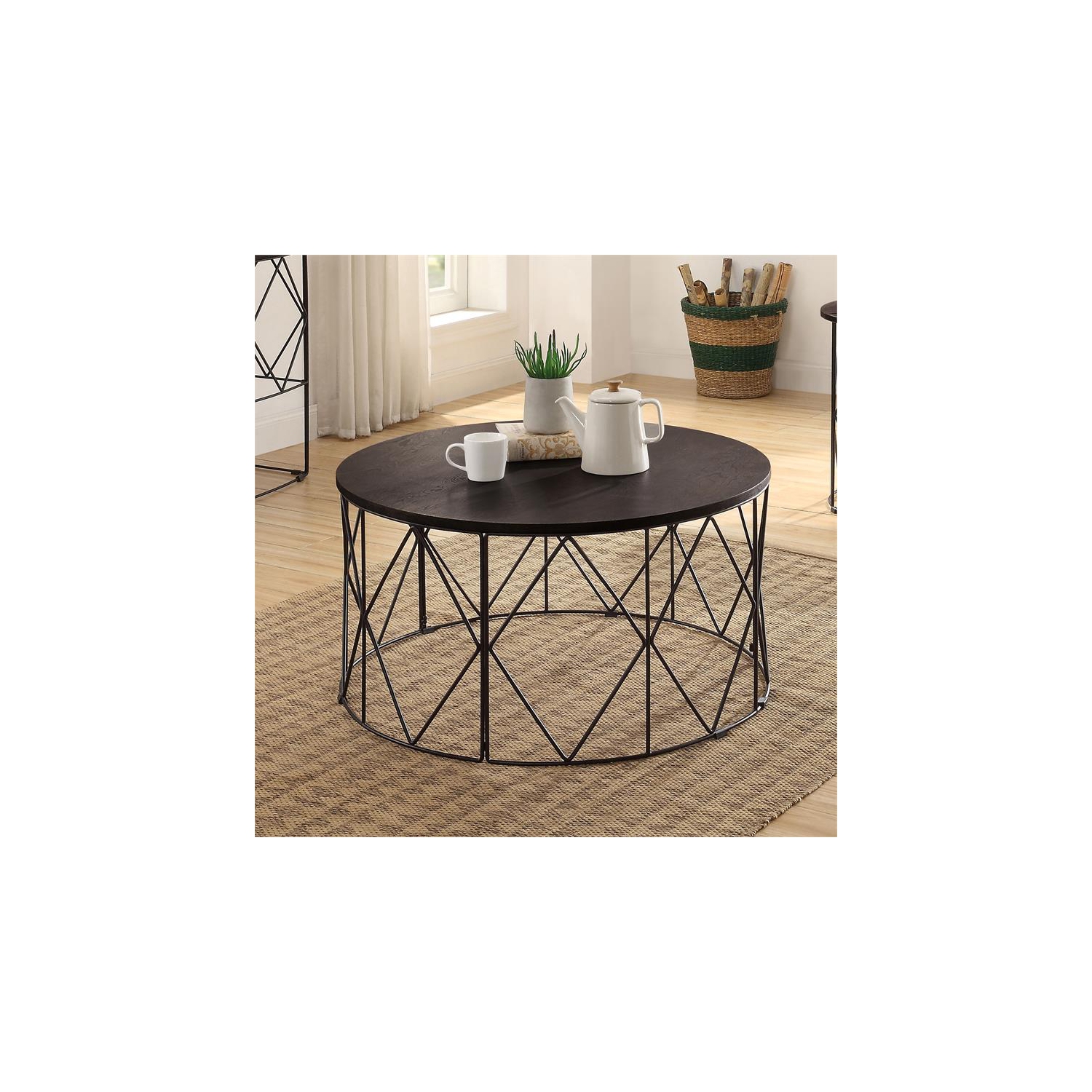 Bowery Hill Industrial Wood Round Coffee Table in Walnut Finish