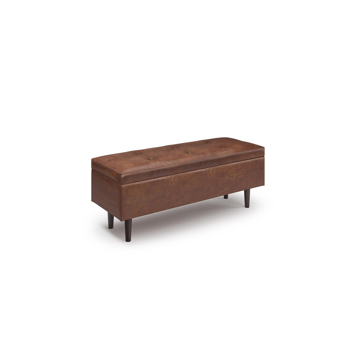 Shay 48 inch W. Modern Storage Ottoman in Distressed Saddle Brown Faux Leather
