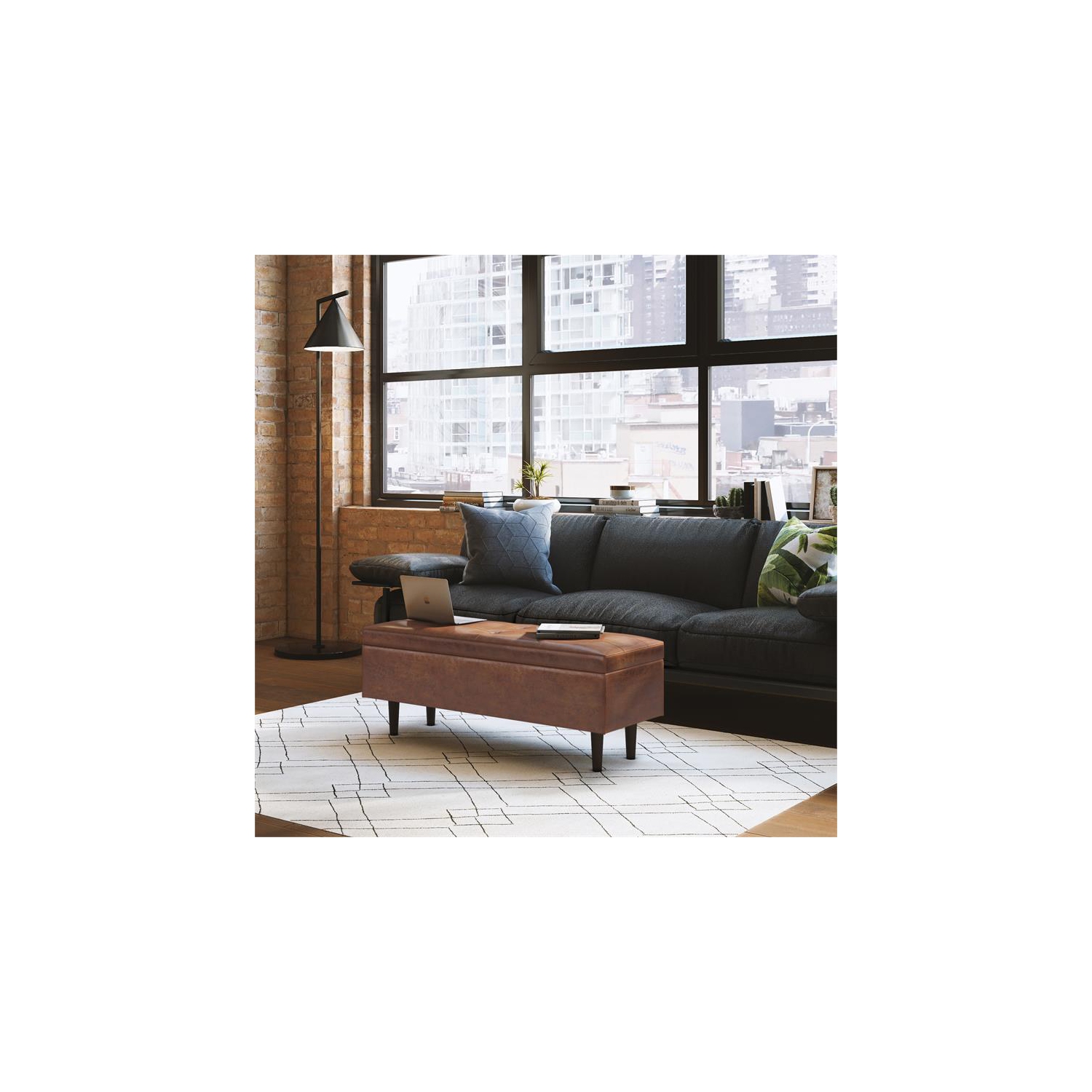 Shay 48 inch W. Modern Storage Ottoman in Distressed Saddle Brown Faux Leather