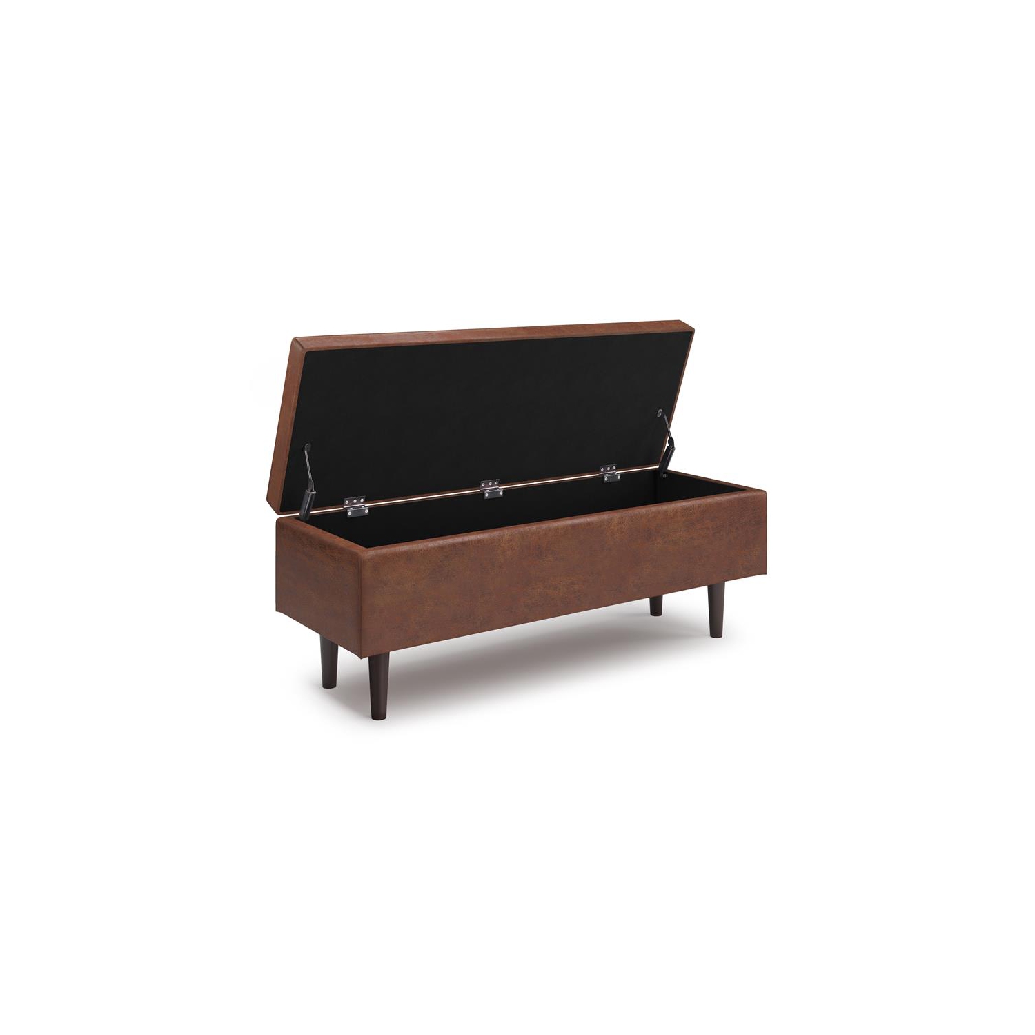 Shay 48 inch W. Modern Storage Ottoman in Distressed Saddle Brown Faux Leather