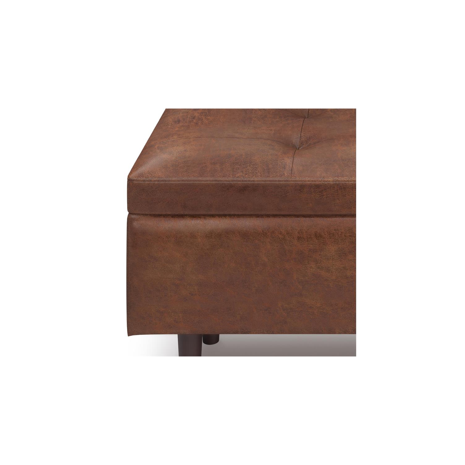 Shay 48 inch W. Modern Storage Ottoman in Distressed Saddle Brown Faux Leather