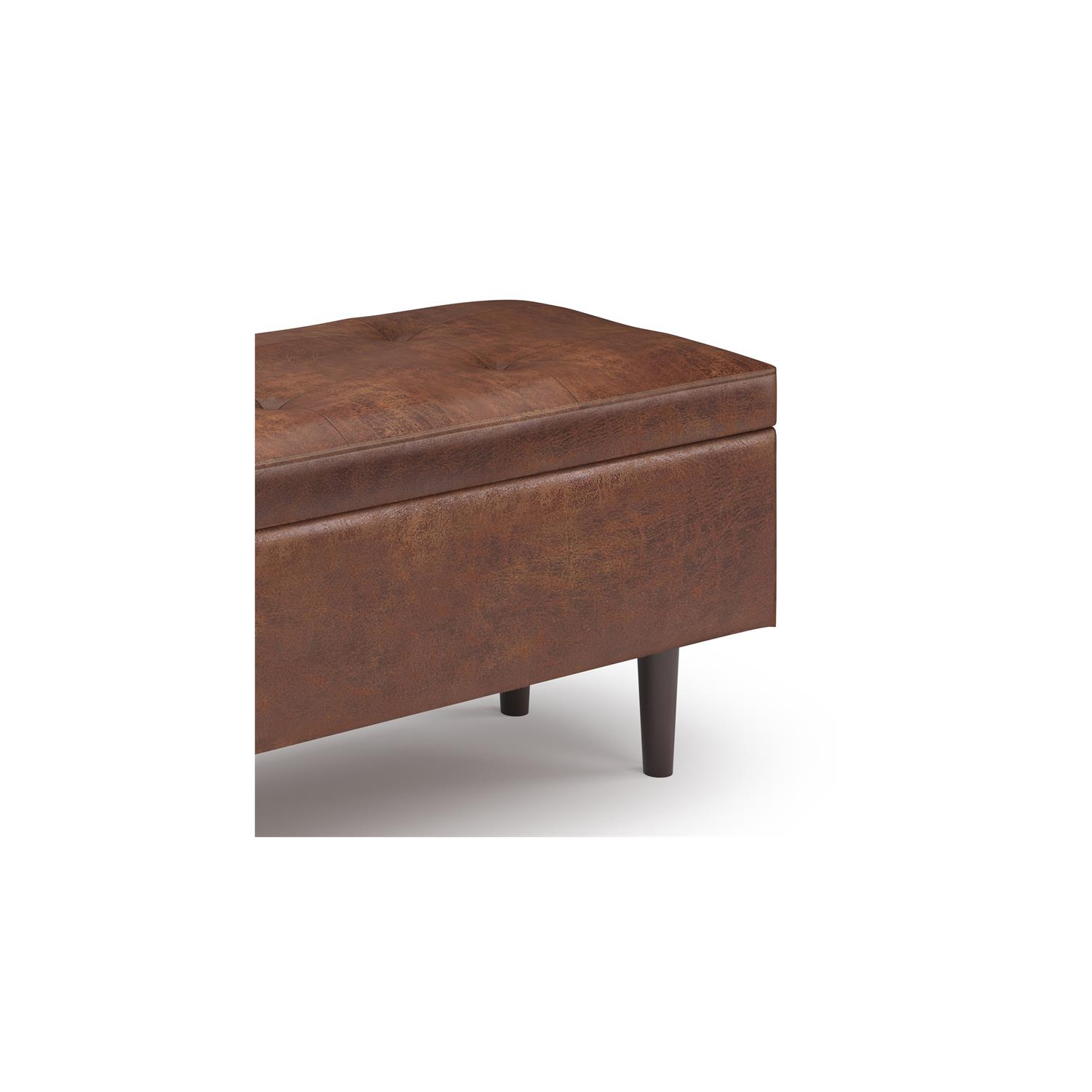 Shay 48 inch W. Modern Storage Ottoman in Distressed Saddle Brown Faux Leather