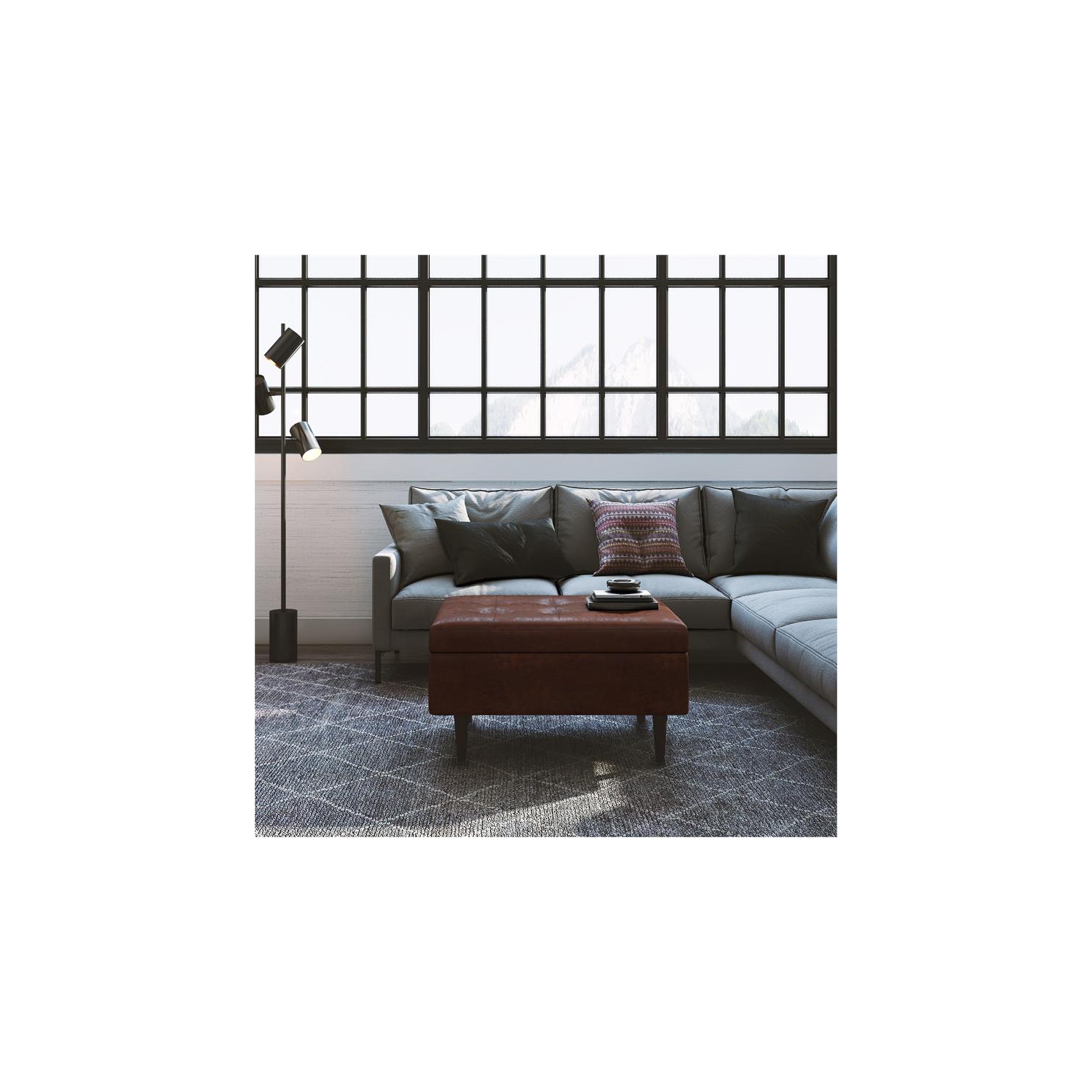 Pouf de rangement/table basse de 34 po de largeur Shay en similicuir brun alezan vieilli