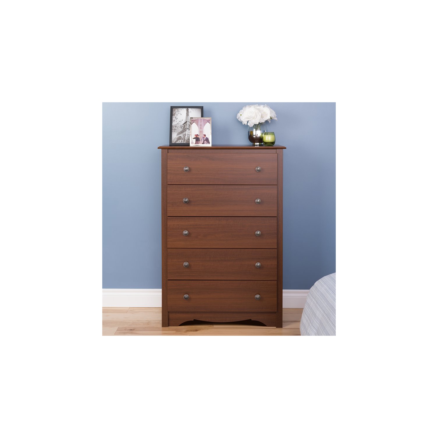 Wright Home Pewter 5 Spacious Drawers Chest in Cherry Finish