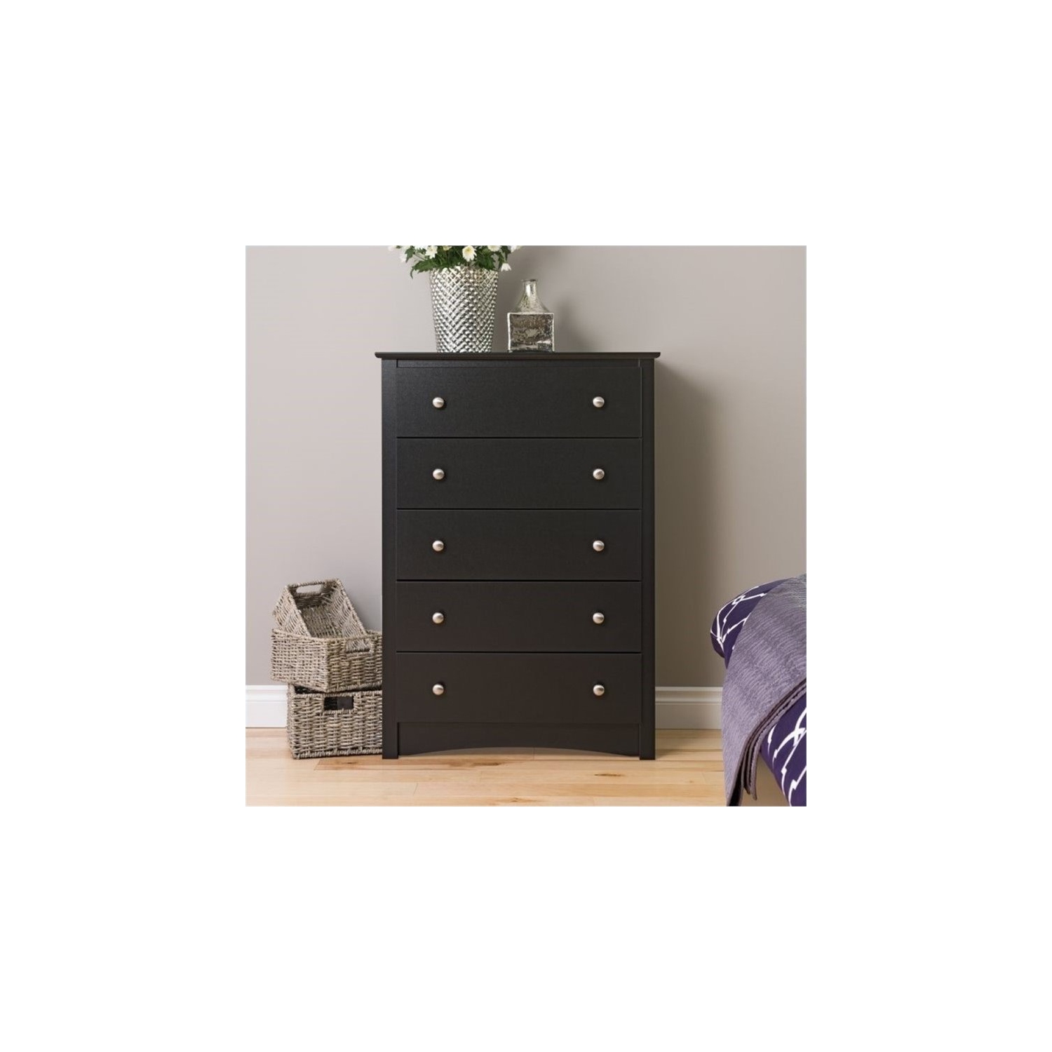 Wright Home Plastic 5 Drawers Chest with Solid Brushed Nickel Knobs in Black