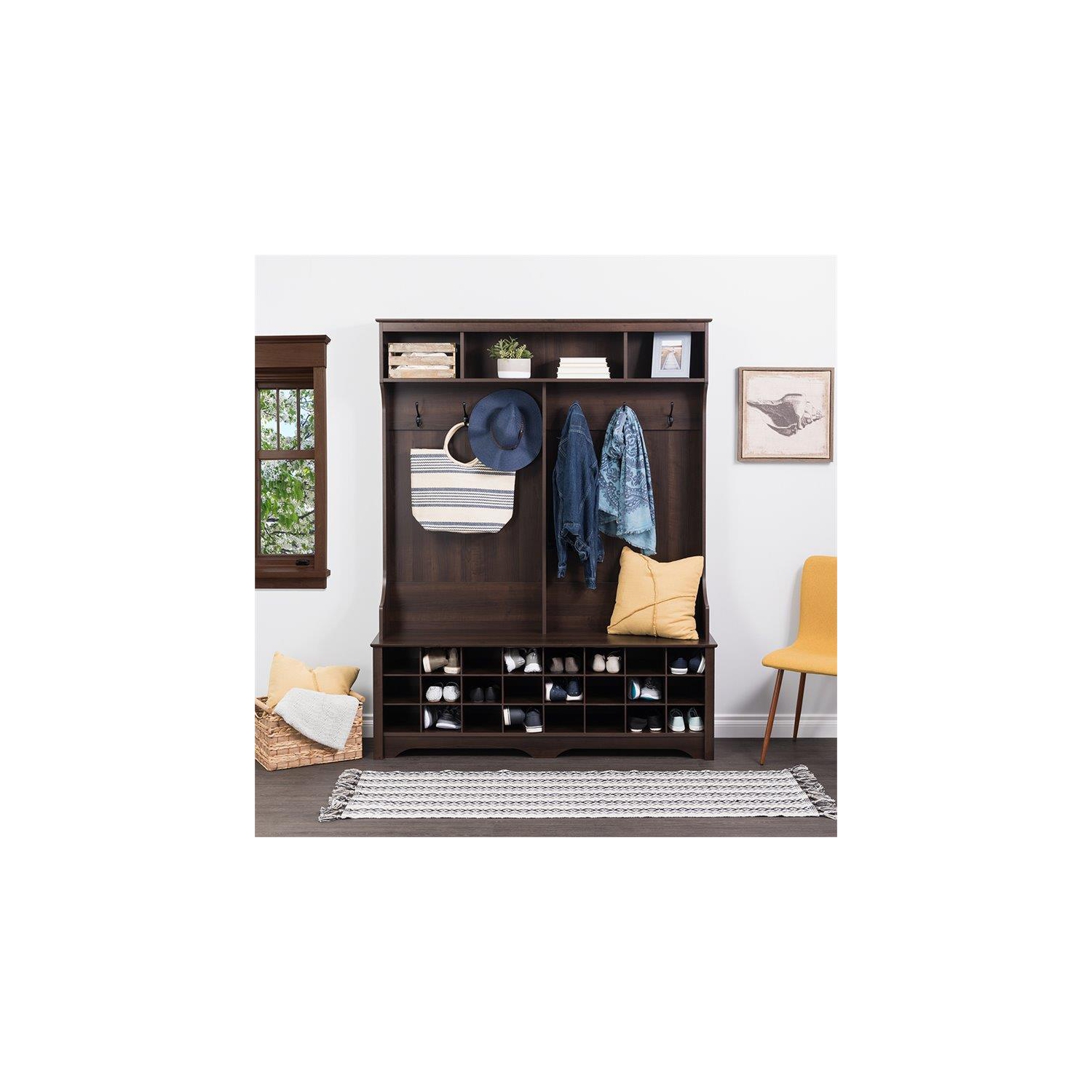 Portemanteau de 60 po en bois d’ingénierie de Wright Home avec 24 compartiments, fini espresso