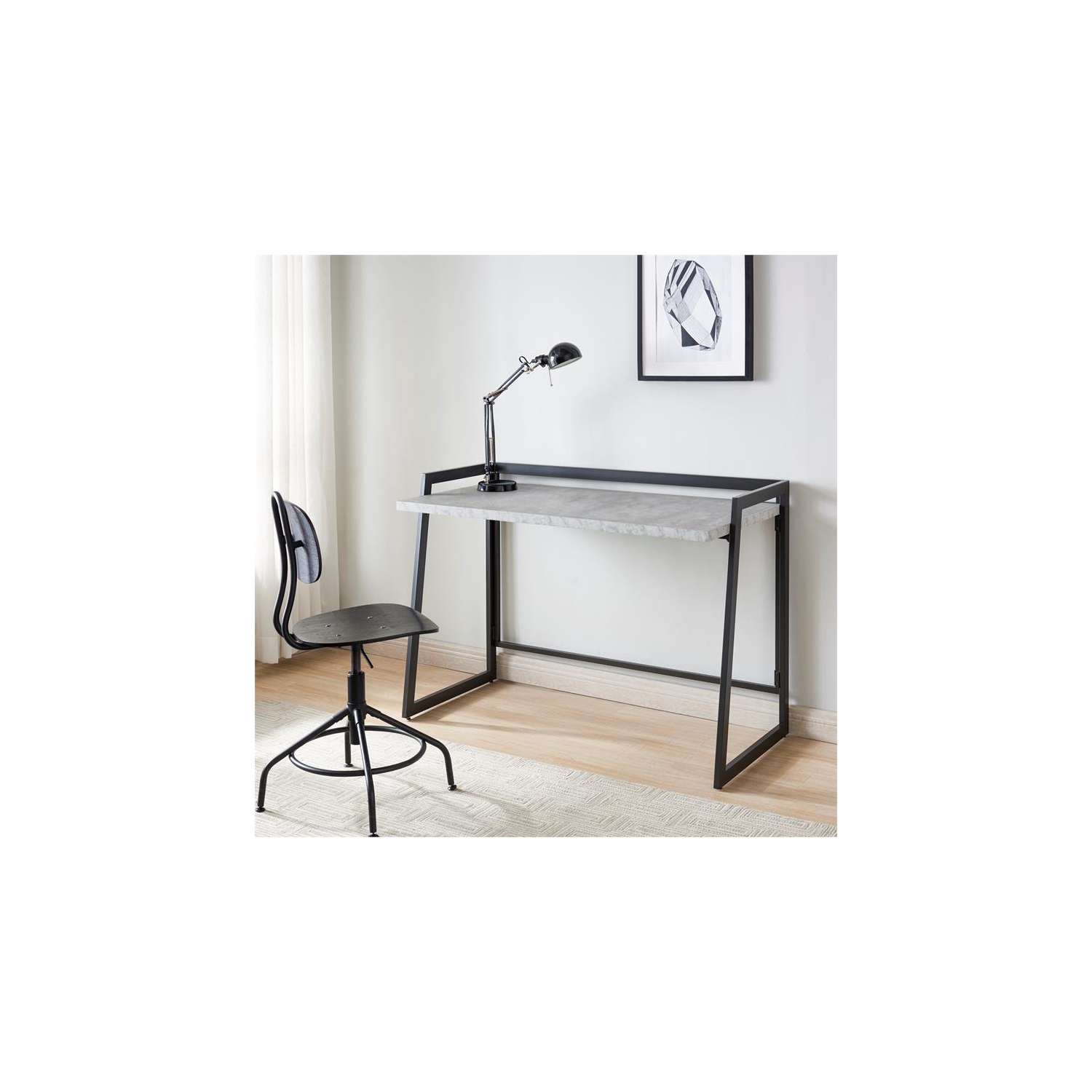 70004-CCGM Mixed Metal and Wood Desk in Gray Concrete/Gunmetal