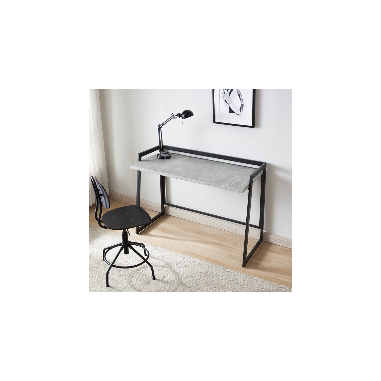 70004-CCGM Mixed Metal and Wood Desk in Gray Concrete/Gunmetal