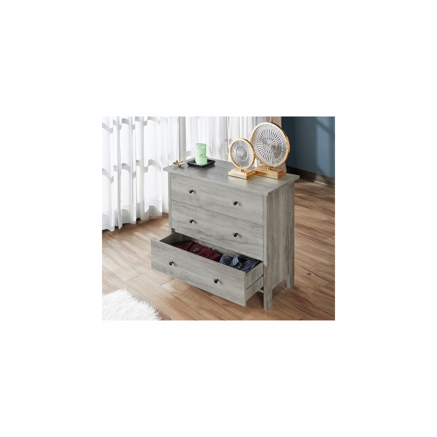 Bowery Hill Transitional Wood 3-Drawer Chest in Gray Oak Finish