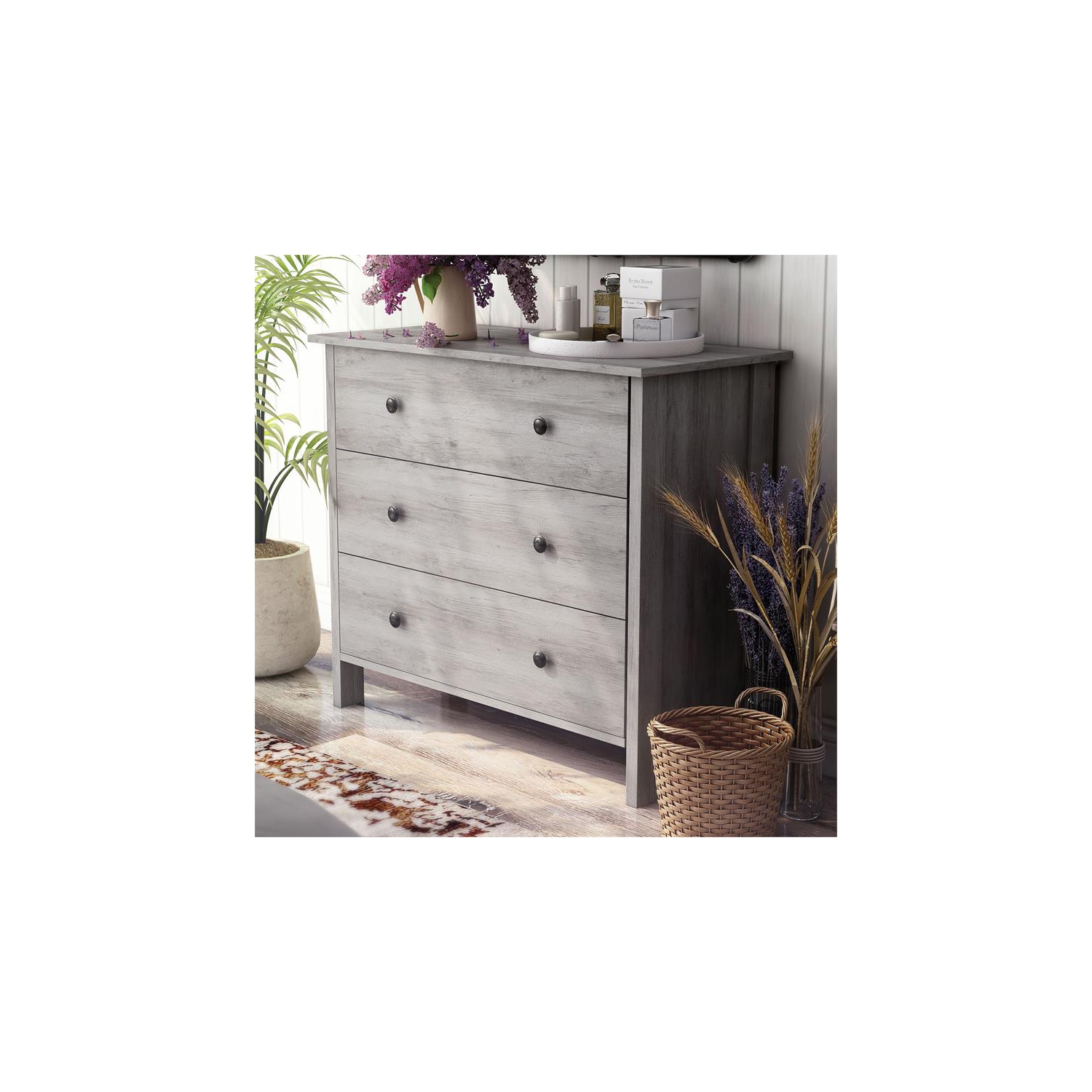 Bowery Hill Transitional Wood 3-Drawer Chest in Gray Oak Finish