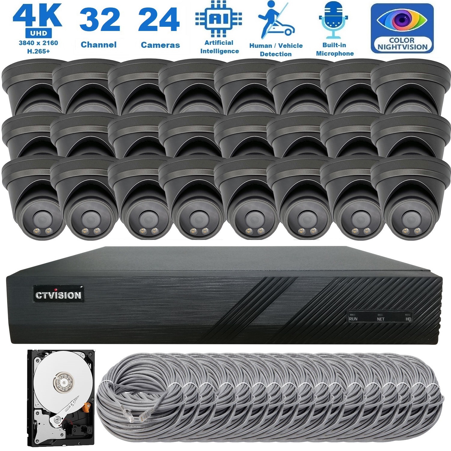 CTVISION Full Color Night Vision 4K Wired Audio Security Camera System, 24 Camera Surveillance Kit Outdoor DIY Audio 8TB HDD Included for Home Business Security Camera System