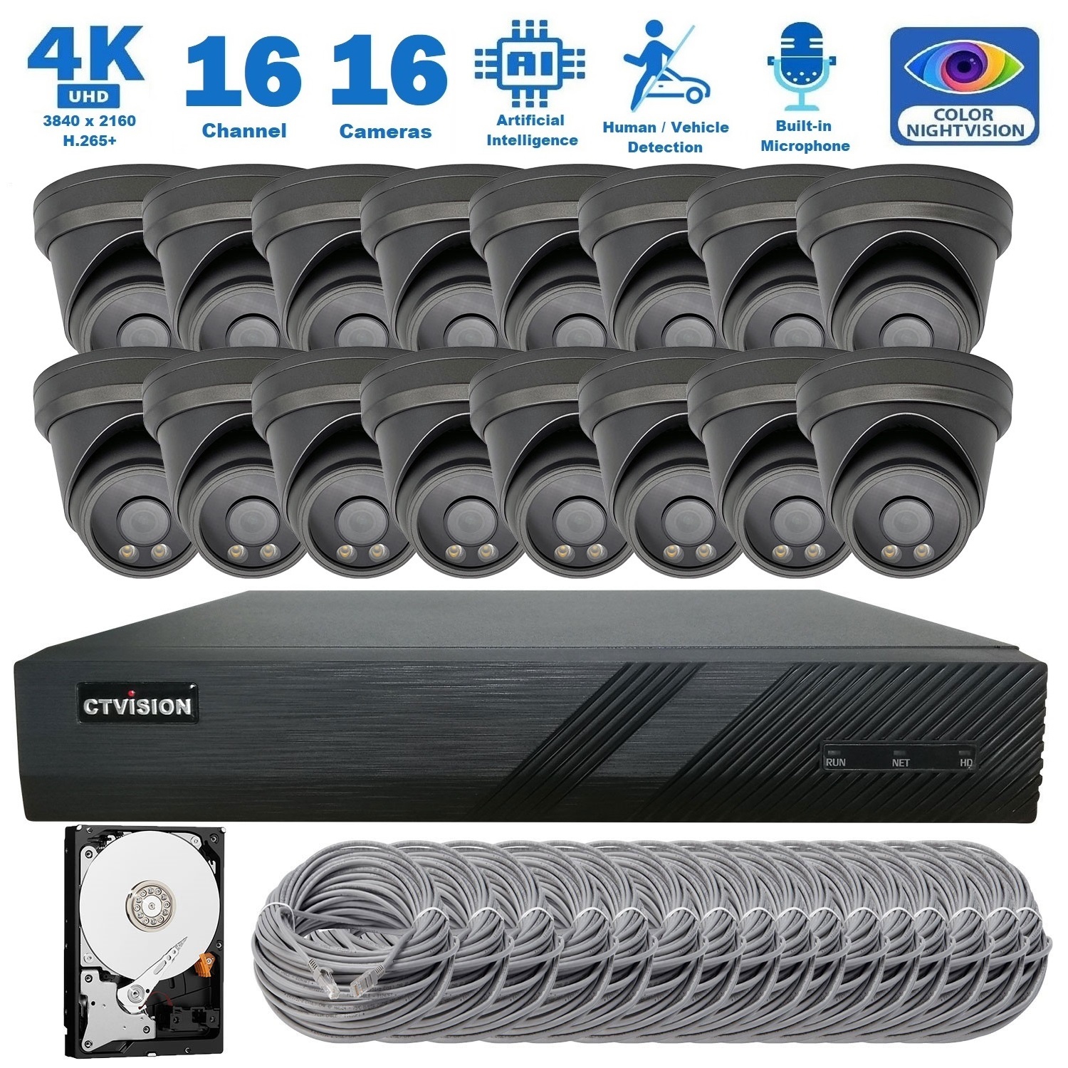 CTVISION Full Color Night Vision 4K Wired Audio Security Camera System, 16 Camera Surveillance Kit Outdoor DIY Audio 2TB HDD Included for Home Business Security Camera System